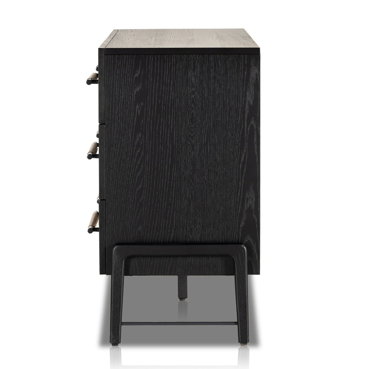 A six-drawer dresser in a dark black wood finish with a light gray wood-grain top, featuring dark metal drawer pulls and a matching black metal stand base, shown from a front-three-quarter angle on a white background.