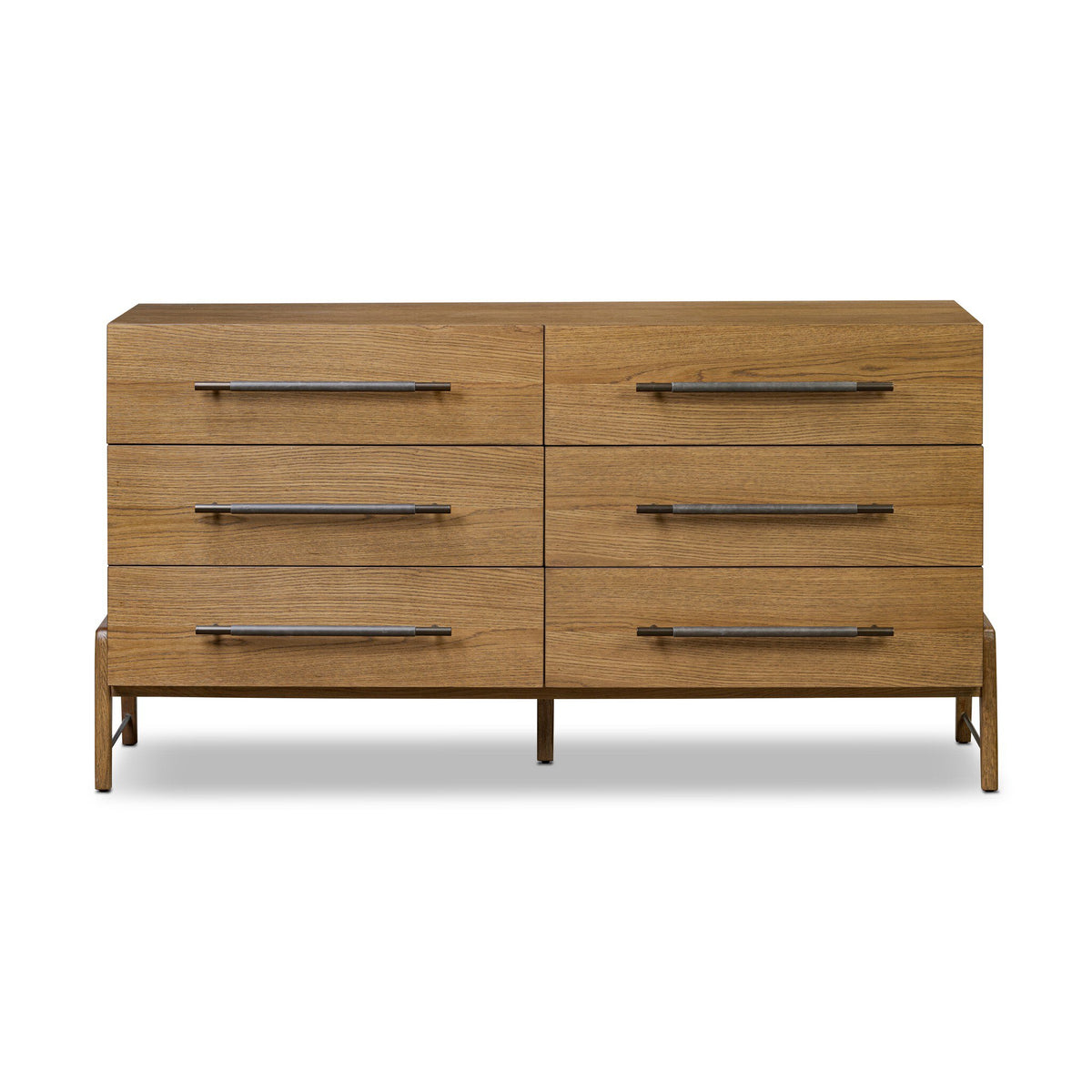 Wooden dresser with six drawers on a white background