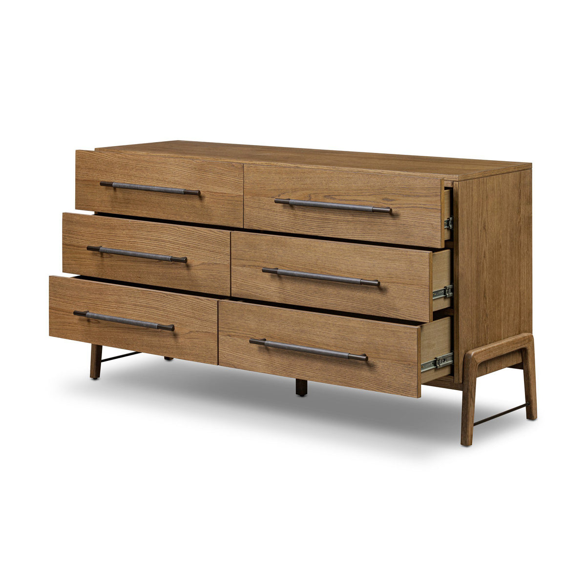 Wooden dresser with six drawers on a white background