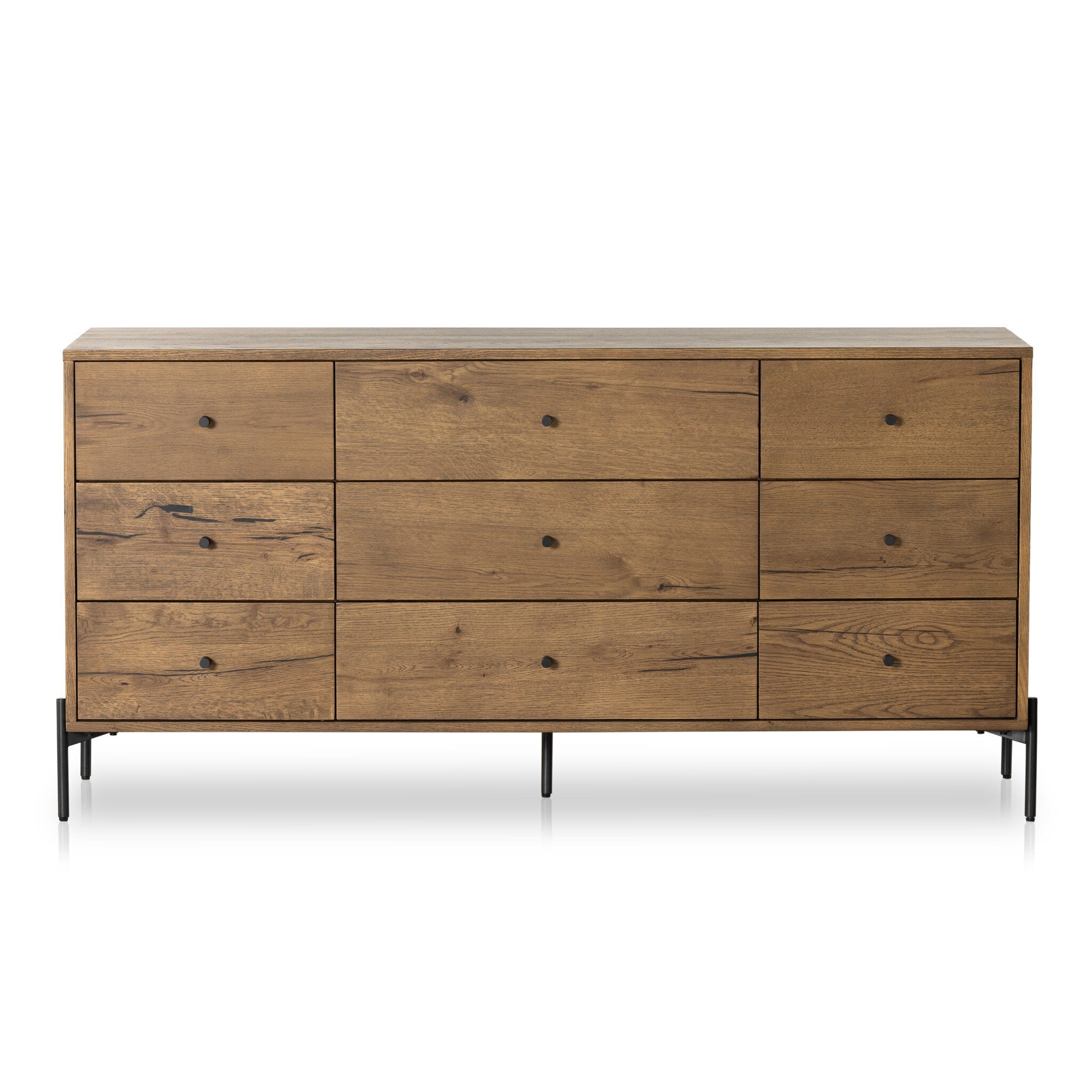 Wooden dresser with six drawers on a white background