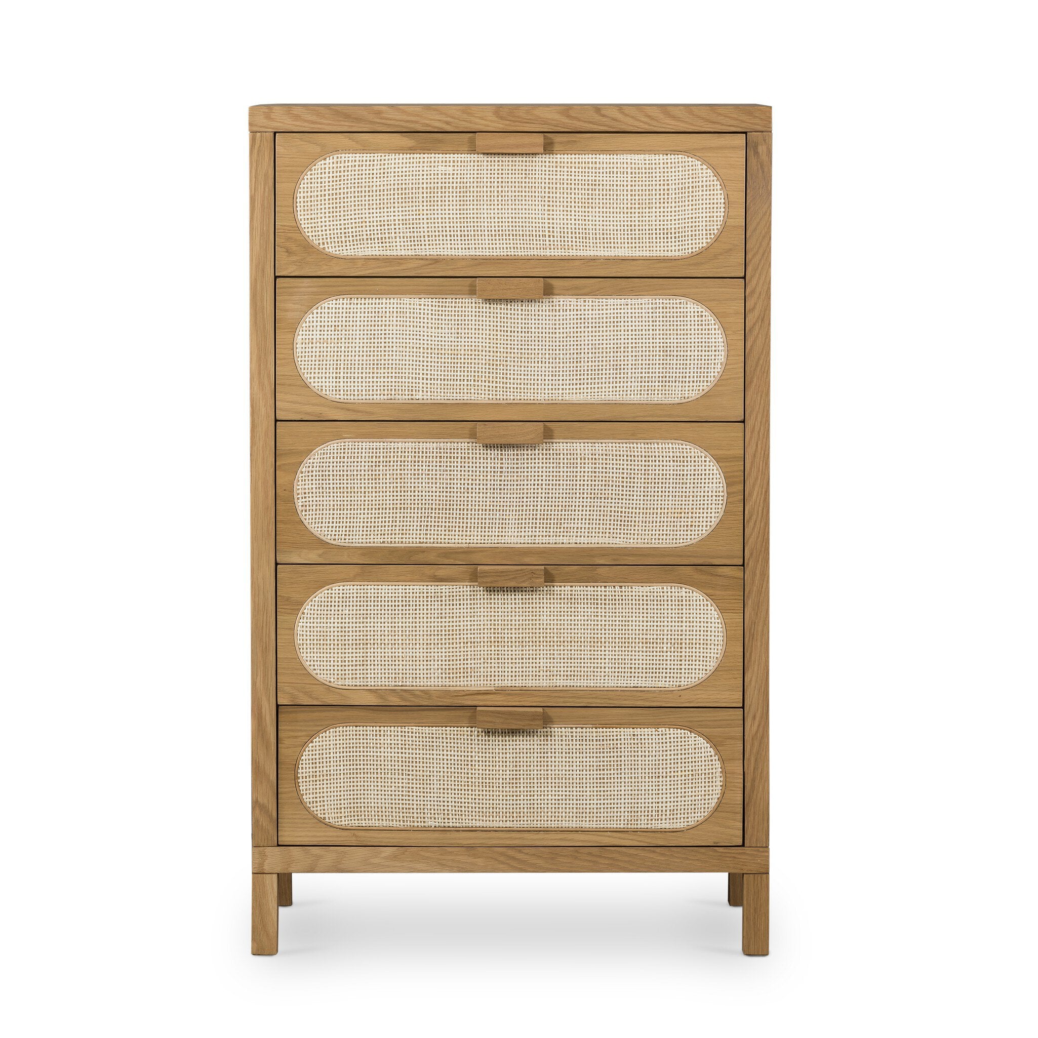 Honey oak tall dresser with 5 drawers and cane inlay