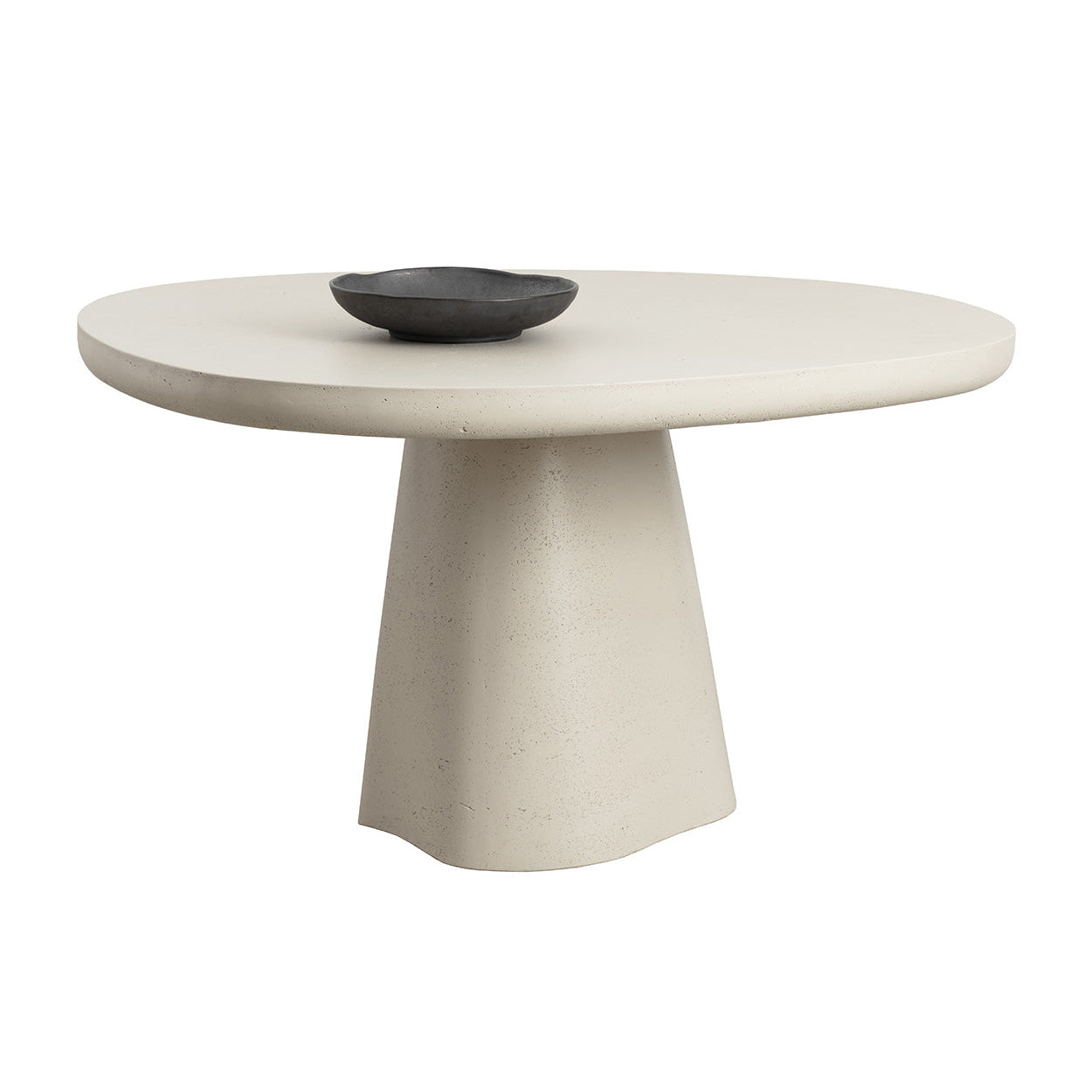 Round concrete table with a black bowl on a white background