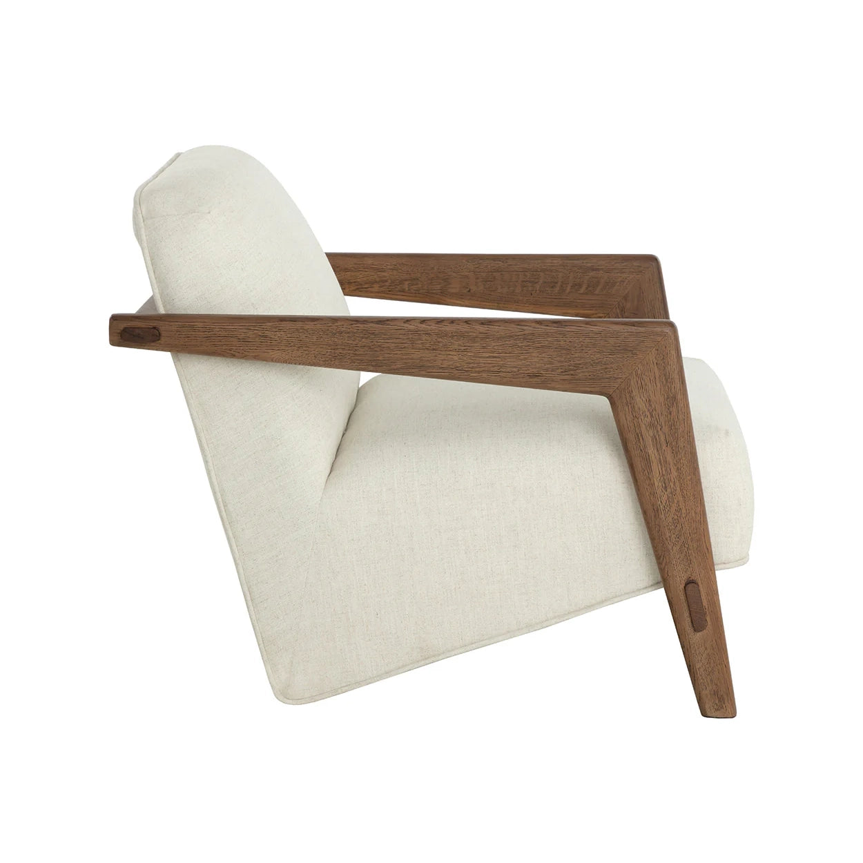 A modern accent chair with cream-colored textured fabric upholstery and a mid-century style wooden frame with angled arms and legs, shown against a plain white background.