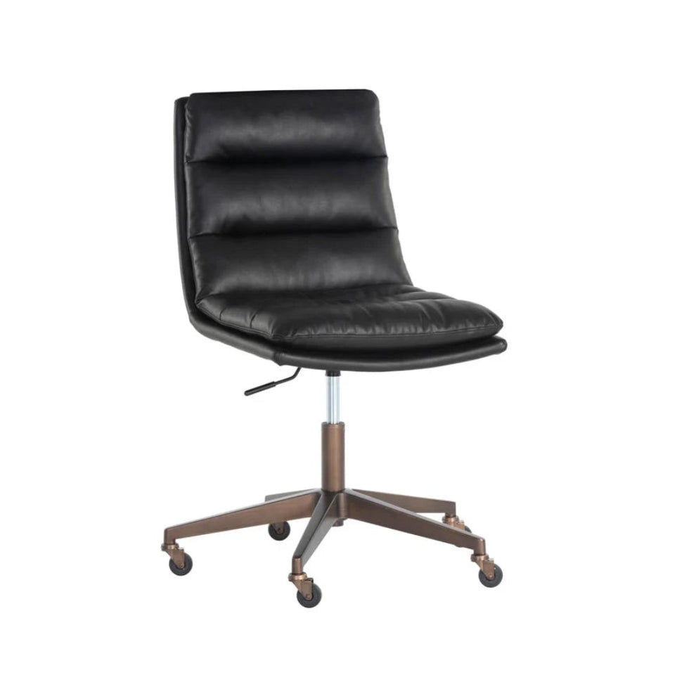 A modern black faux leather office chair with a contoured backrest, padded seat, and a five-star bronze-finished metal base with casters, shown on a plain white background.