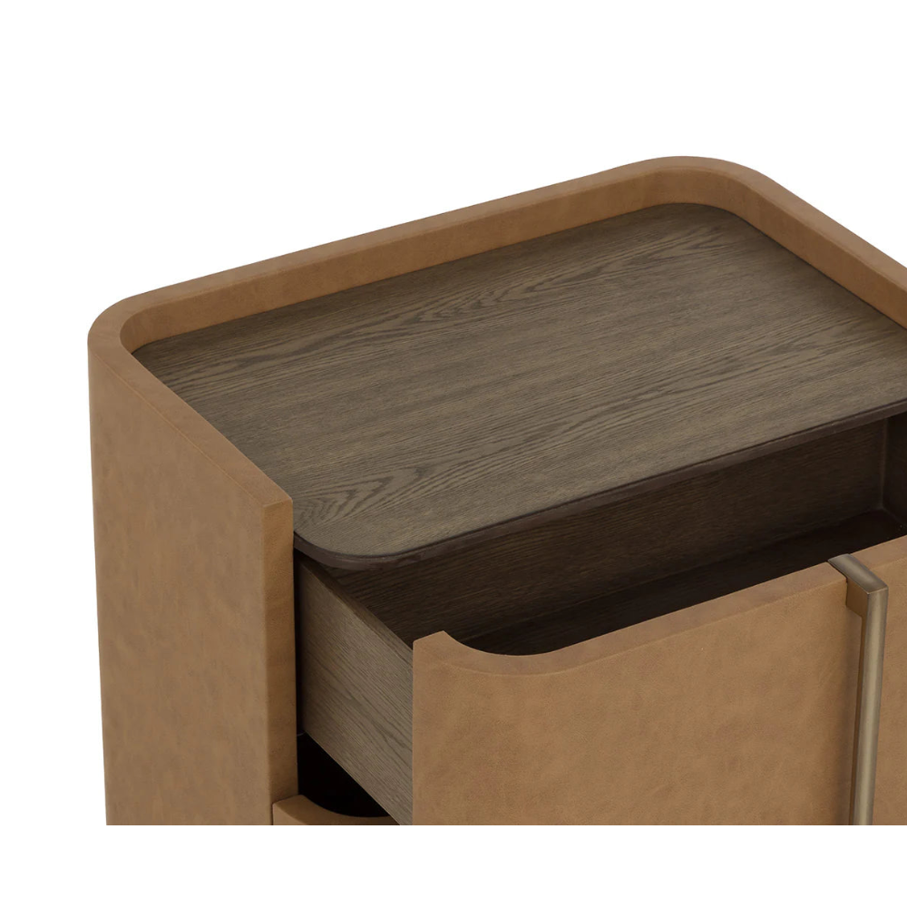 Wooden side table with a drawer on a white background
