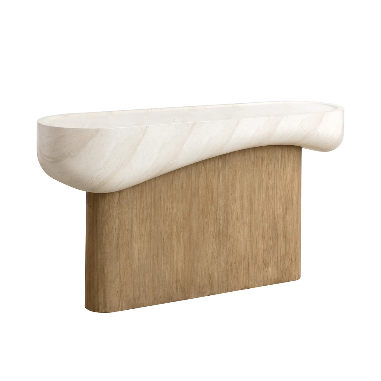A modern console table featuring a curved, white marble top with subtle gray veining and a solid, light oak wood base, shown against a plain white background.