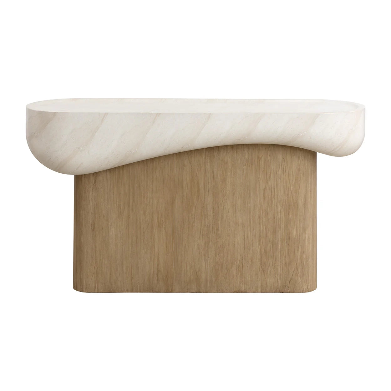A modern console table featuring a curved, hand-honed white marble top with a wavy edge, supported by a substantial rectangular light oak wood base, shown against a plain white background.