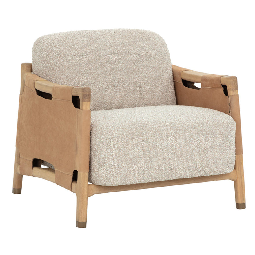 Beige armchair with wooden frame on a white background