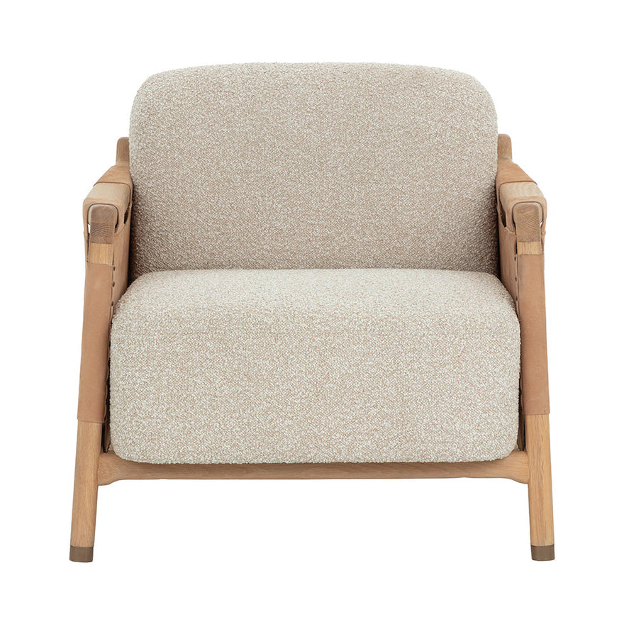 Beige armchair with wooden frame on a white background