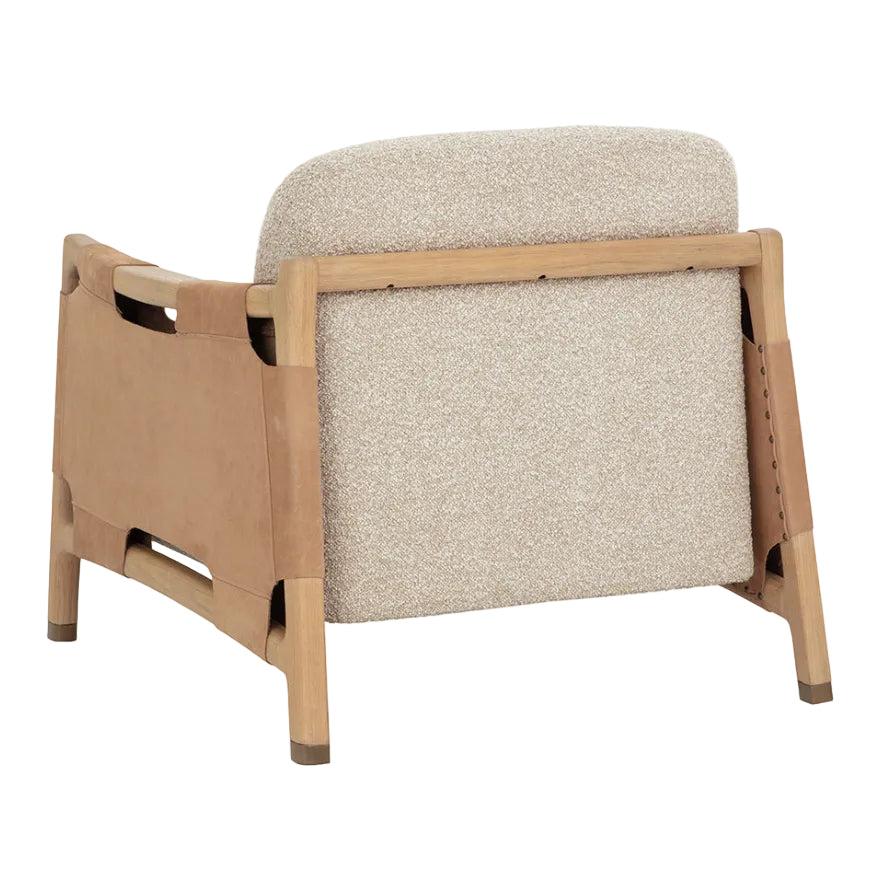 Beige fabric chair with wooden frame on a white background