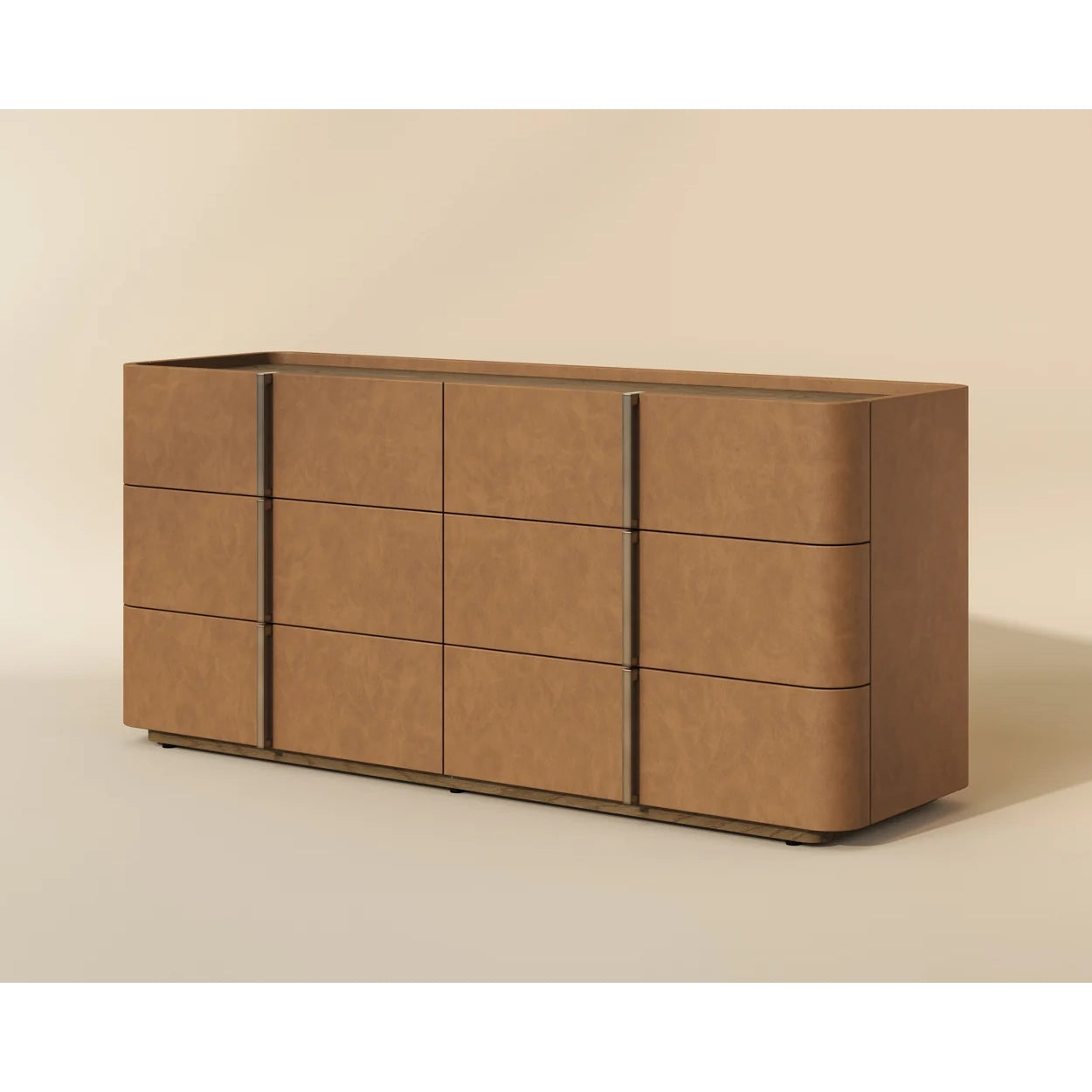 A modern 6-drawer dresser with curved edges and a textured brown finish, shown on a clean beige background.