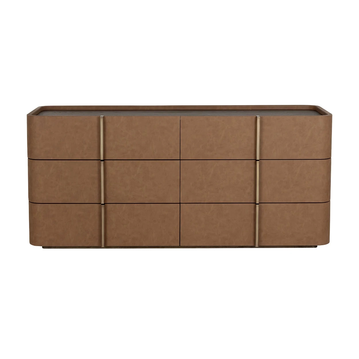 A modern six-drawer dresser with a textured brown faux leather finish and slim vertical gold-toned metal handles, shown against a plain white background.