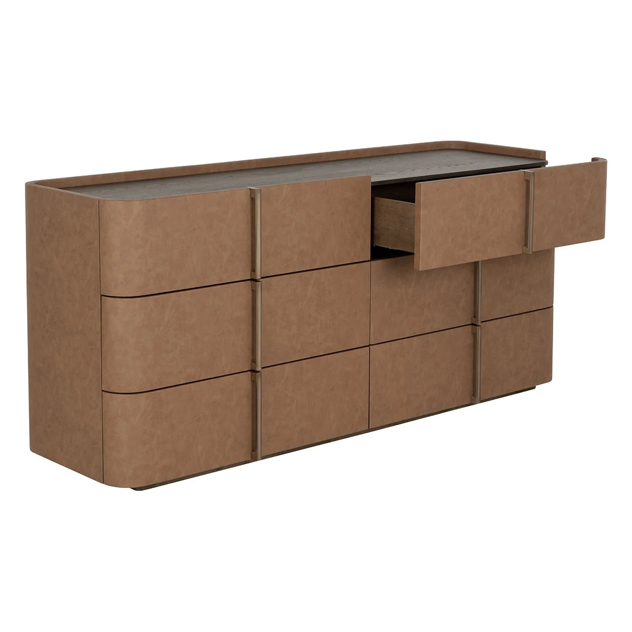 A modern brown dresser with a textured faux-leather finish, featuring six drawers, a dark gray top surface, and one open drawer showing a wood interior, set against a plain white background.