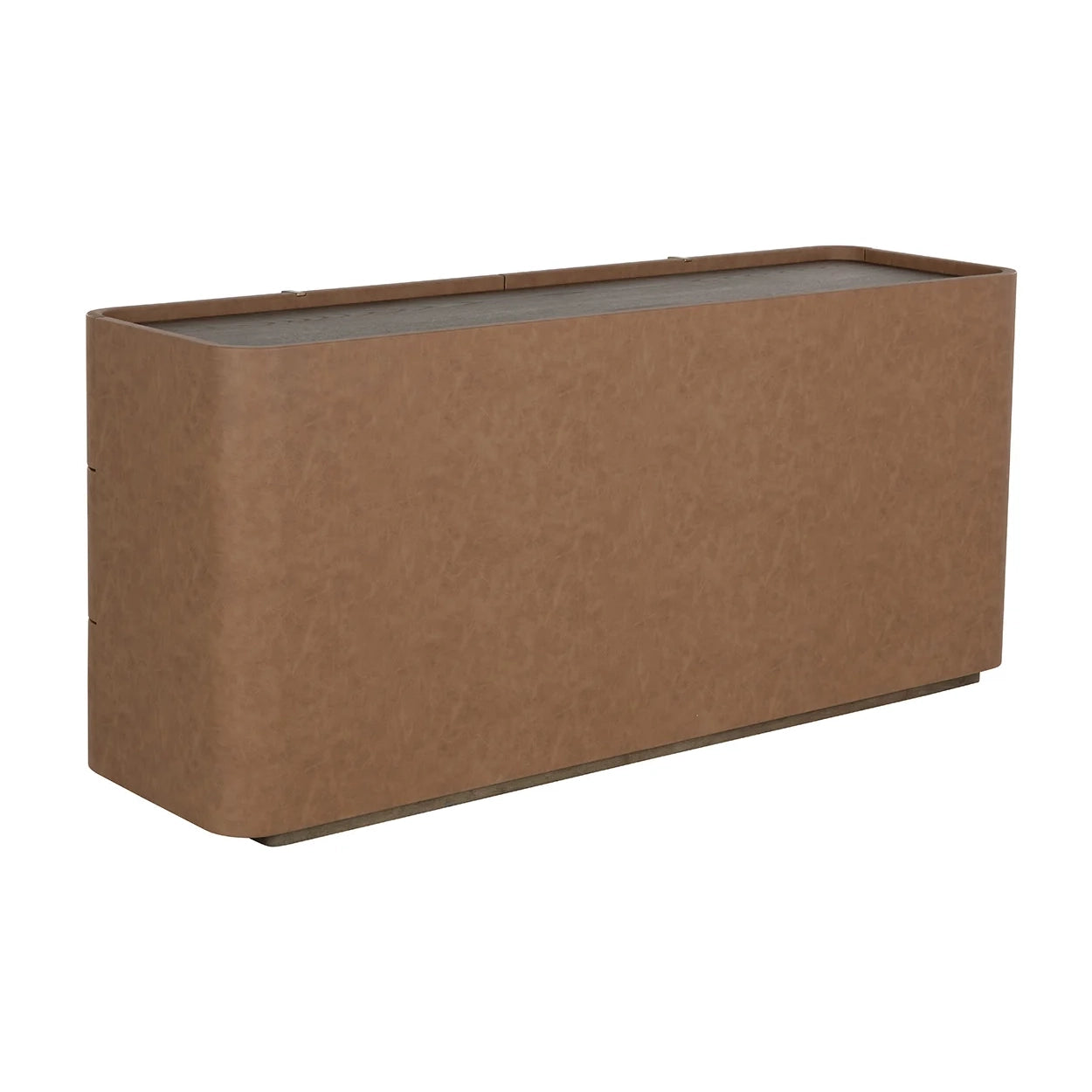 A rectangular brown dresser with a textured faux leather finish, shown from a back angle on a plain white background.
