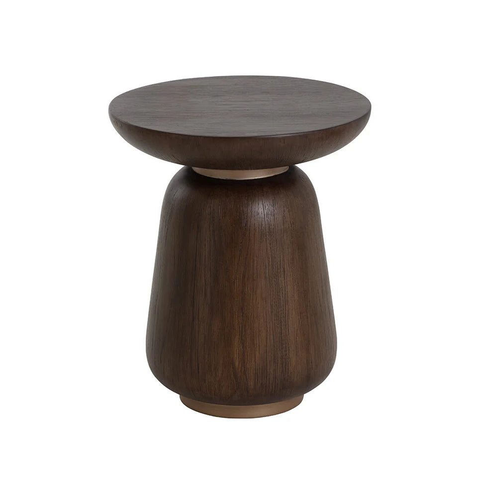 Wooden effect side table with a round top and cylindrical base on a white background