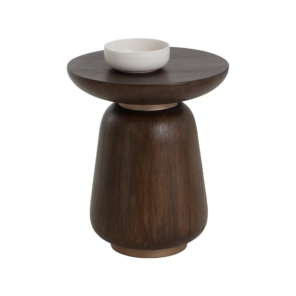 Wooden effect side table with a white bowl on a white background