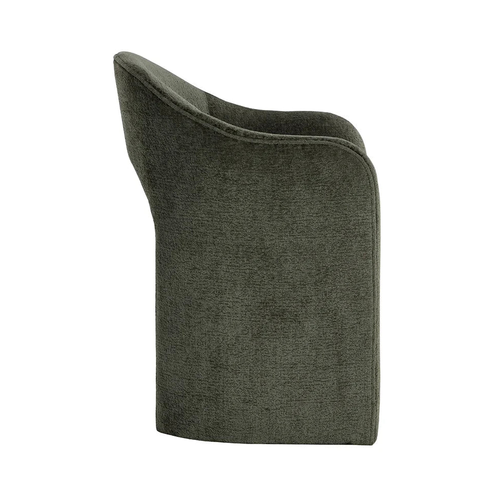Olive upholestered dining chair with curved back on a white background
