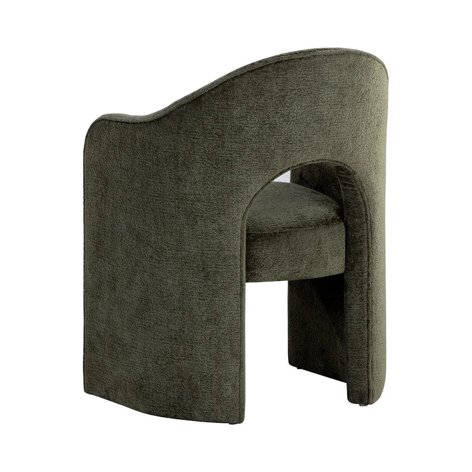 A modern accent chair upholstered in textured olive green fabric, featuring a curved backrest and a sculptural open seat, shown against a plain white background.
