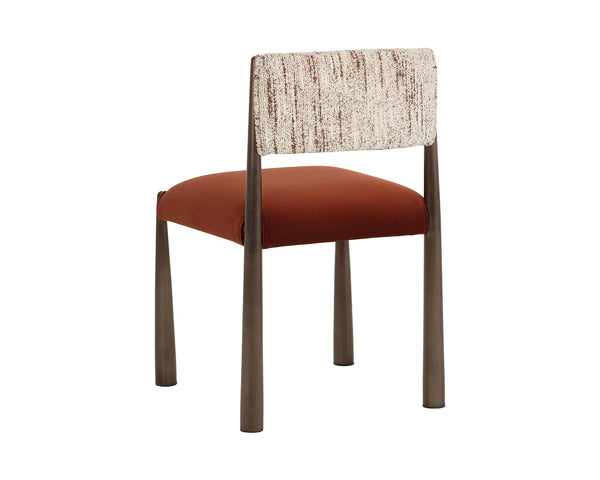 Chair with brown cushioned seat and patterned backrest on a white background