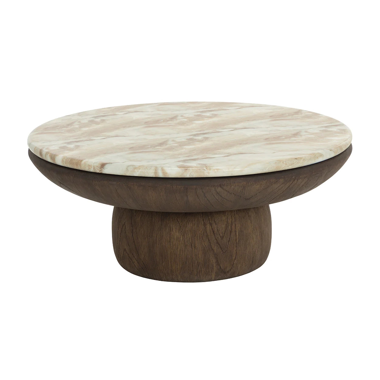 A round coffee table with a dark brown wood base and a light beige marble top, shown against a plain white background.
