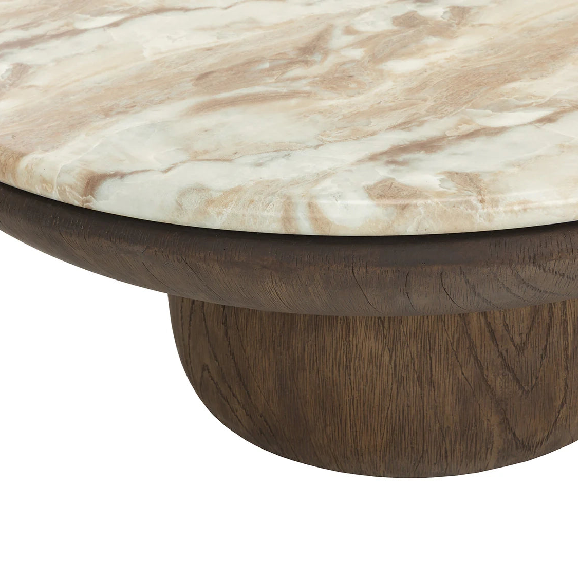 Close-up of a round coffee table with a light beige and brown marble top and a dark brown wooden base, shown on a white background.