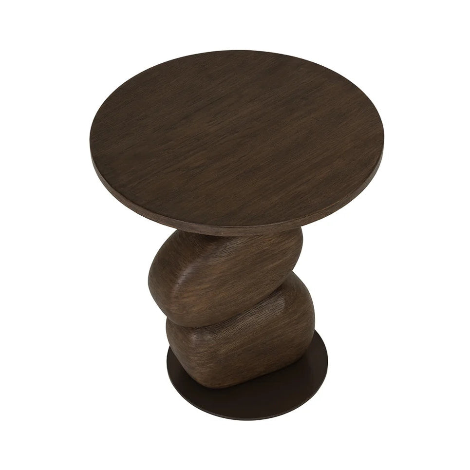 Conrete side table with a unique wood-like design on a white background