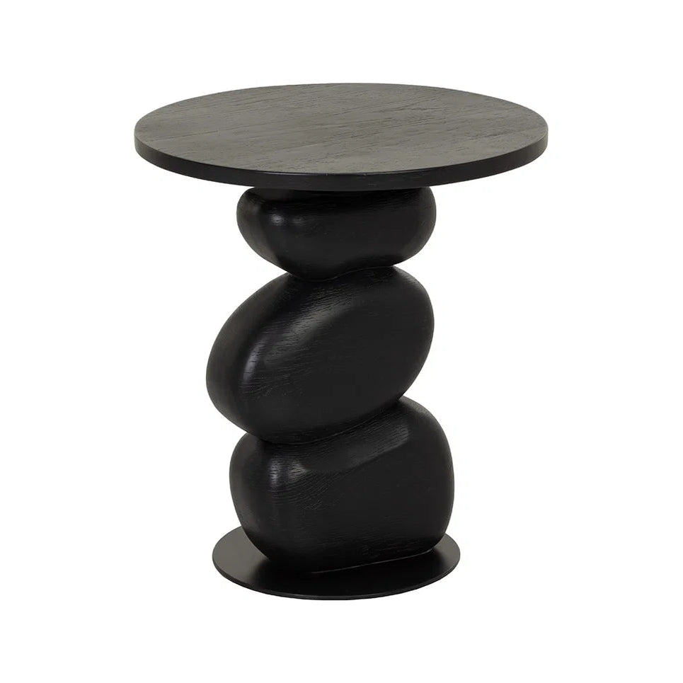 Black side table with stacked cylindrical design on a white background