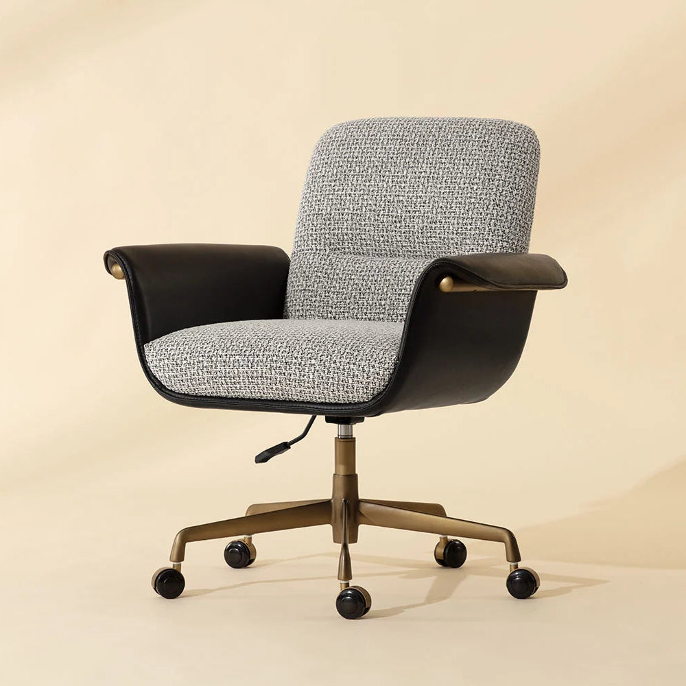 Modern office chair with gray cushioned seat and backrest on a beige background