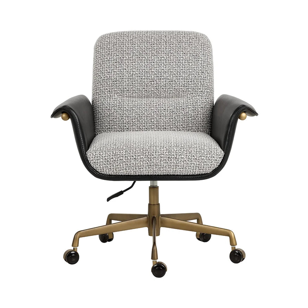 A modern office chair with a textured gray and white bouclé fabric seat and back, black leather armrests, and a bronze-finished five-star wheeled base.