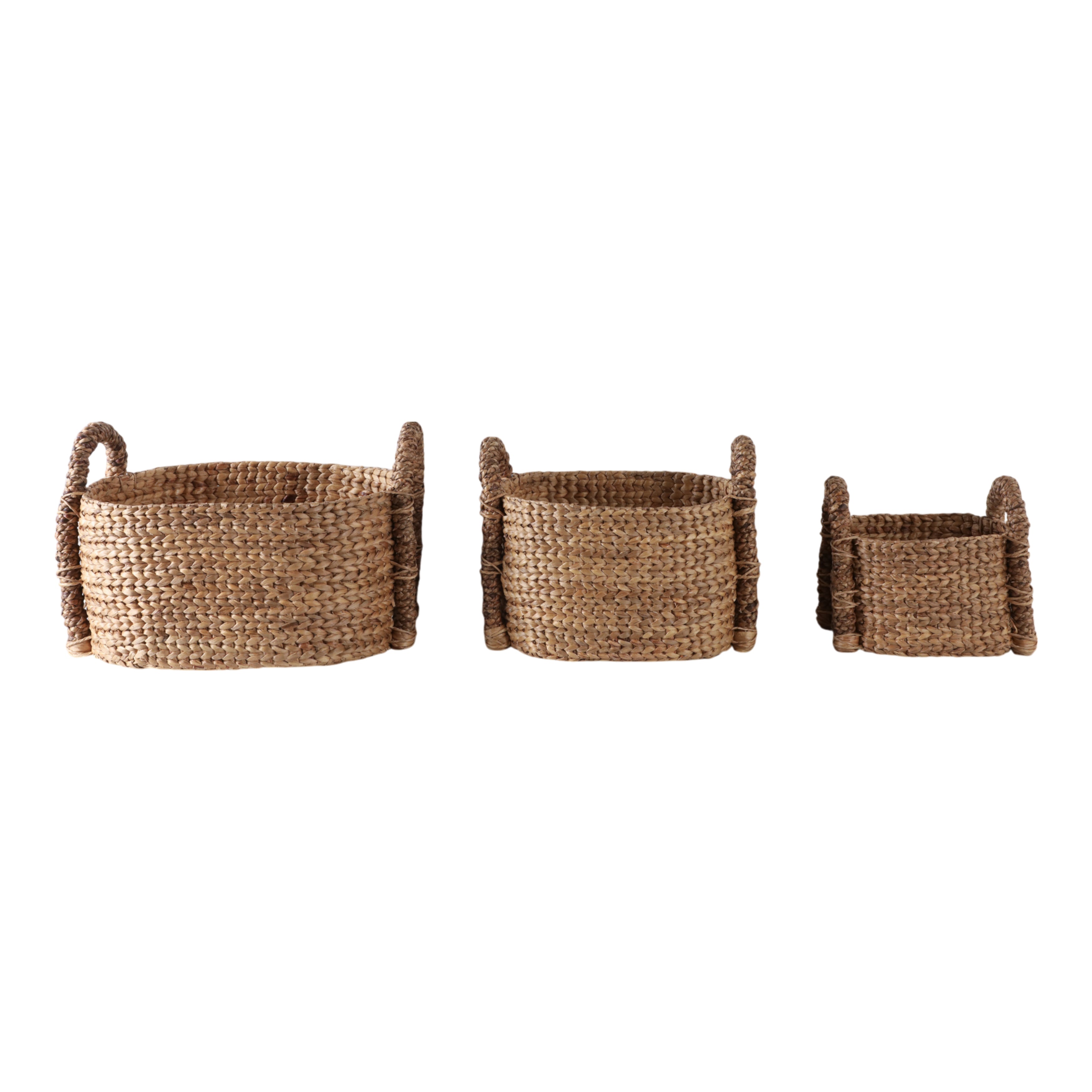 Three woven baskets of different sizes on a white background