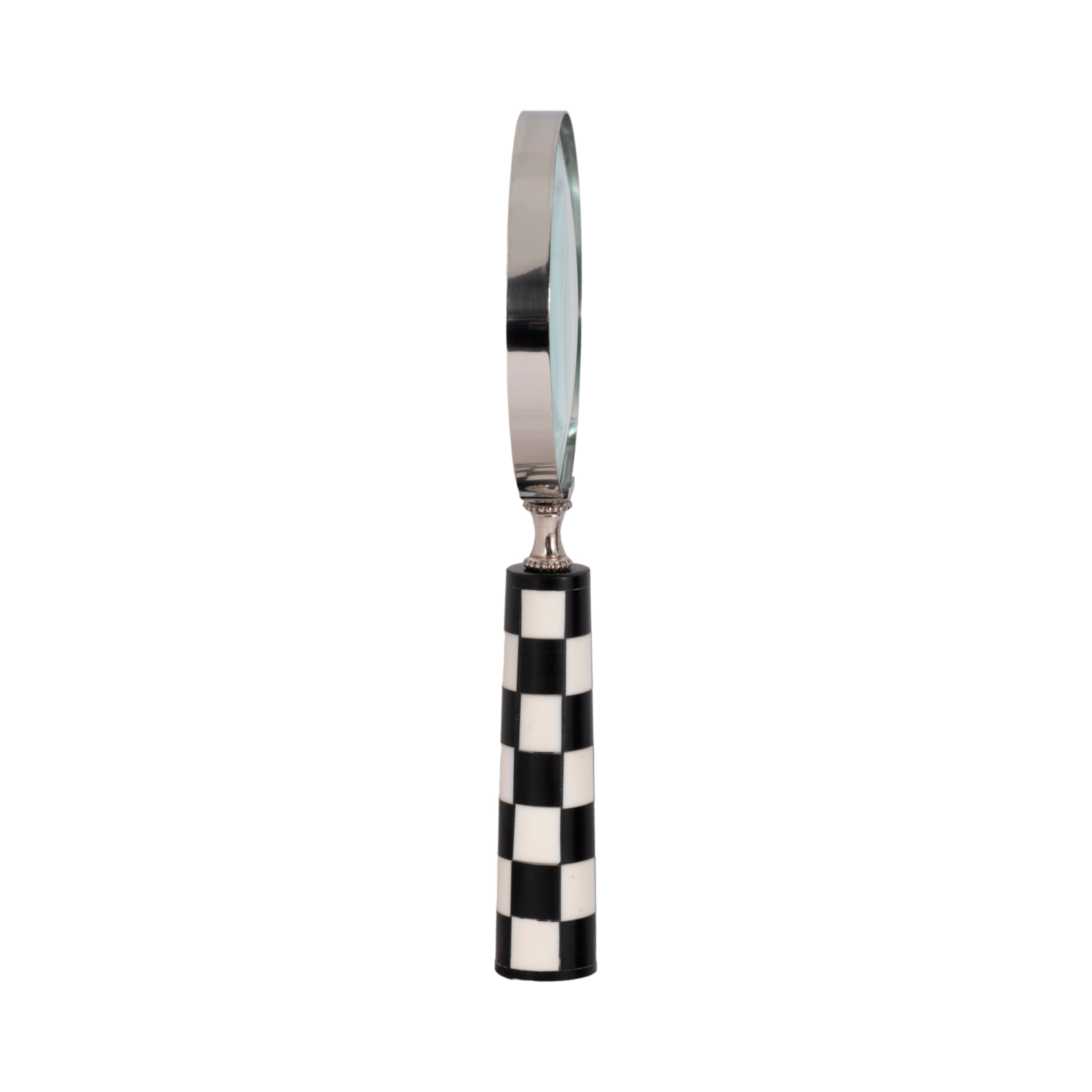 Magnifying glass with a black and white checkered handle on a white background