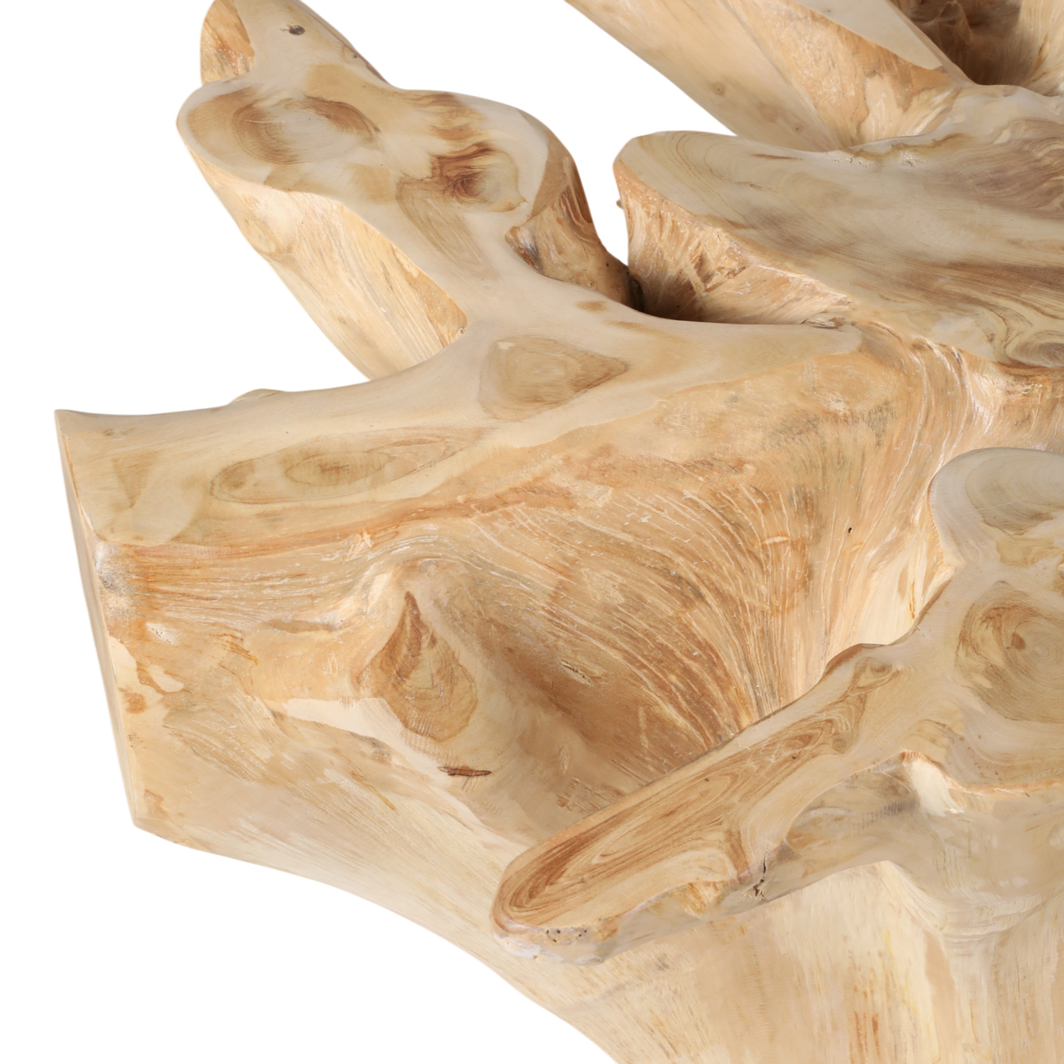 Close-up of a wooden sculpture with natural grain and texture on a white background