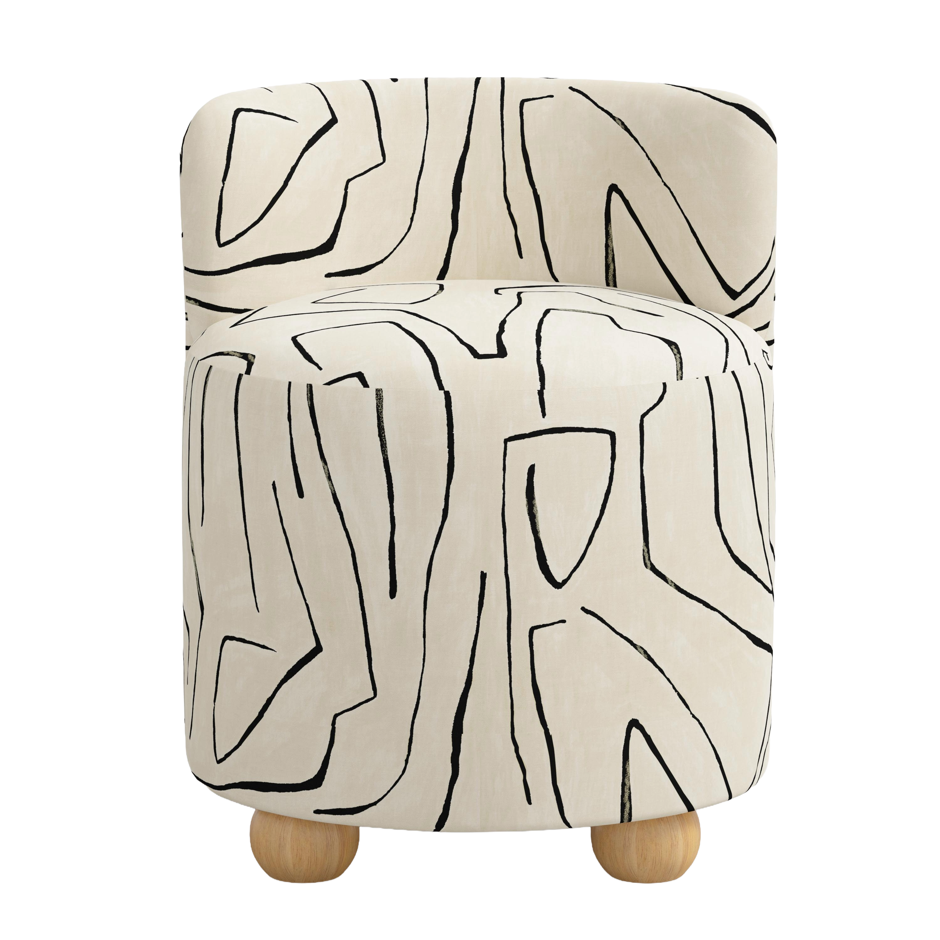 White chair with abstract black line design on a white background