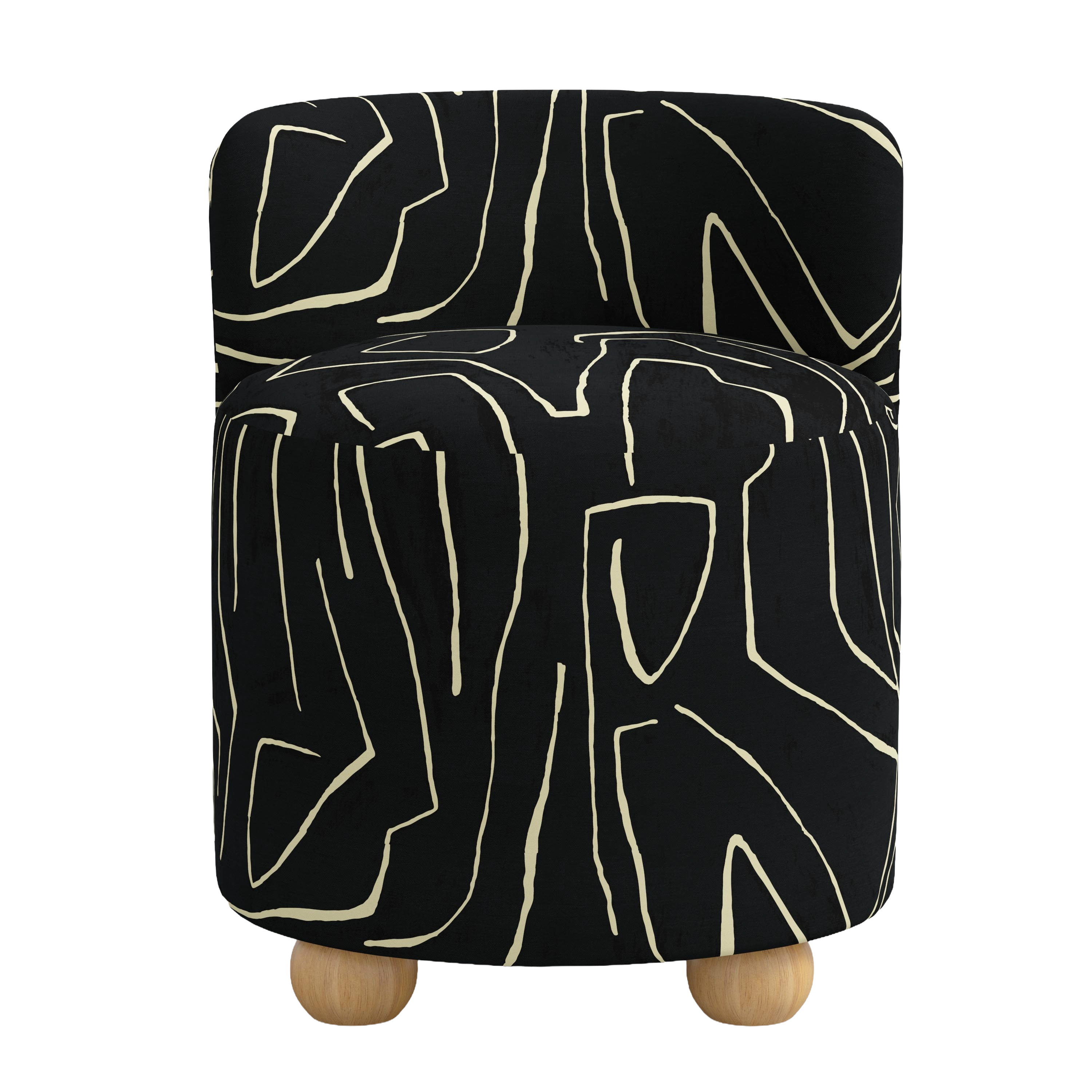 Black and white patterned seat with wooden legs on a white background