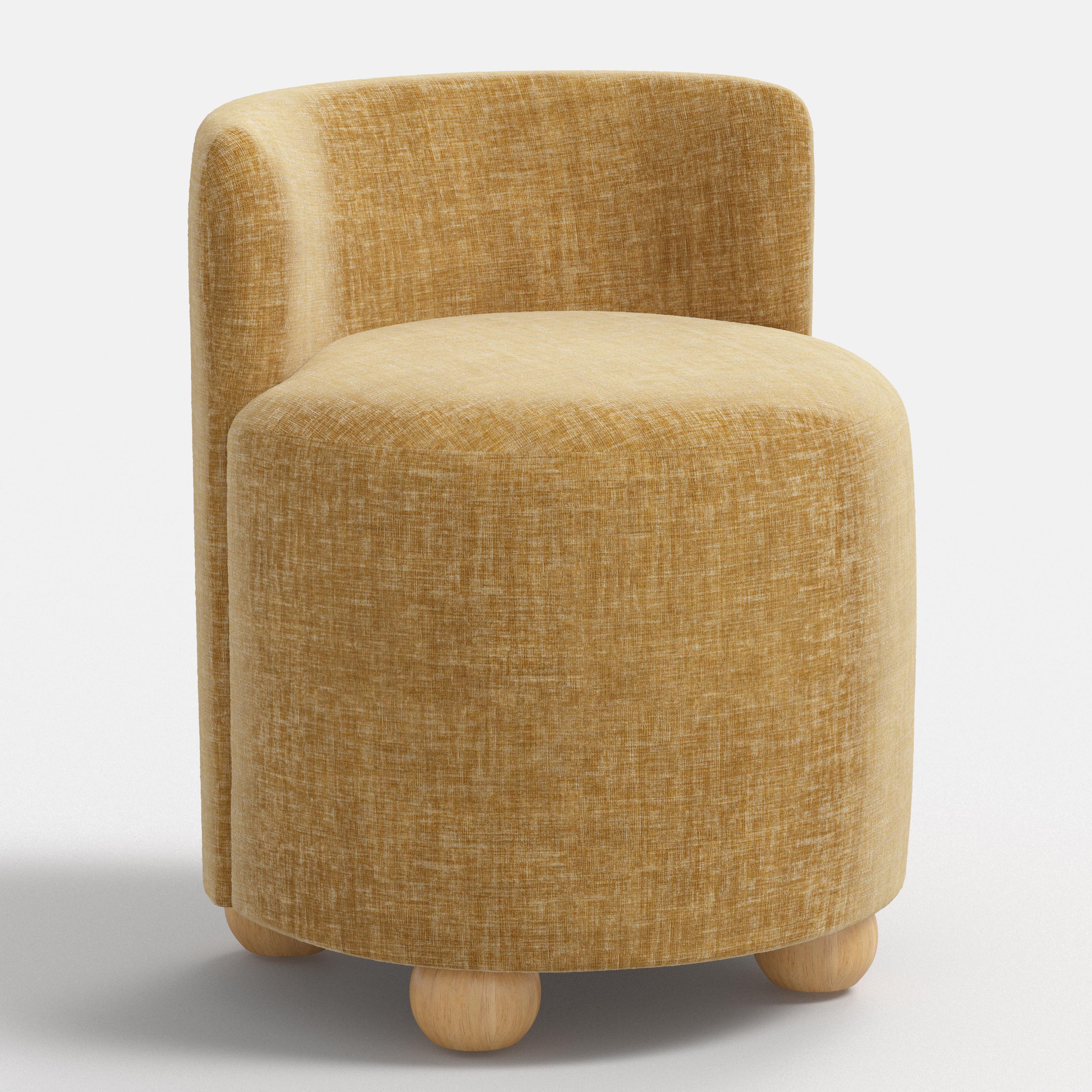 Round mustard-colored seat with wooden legs on a white background