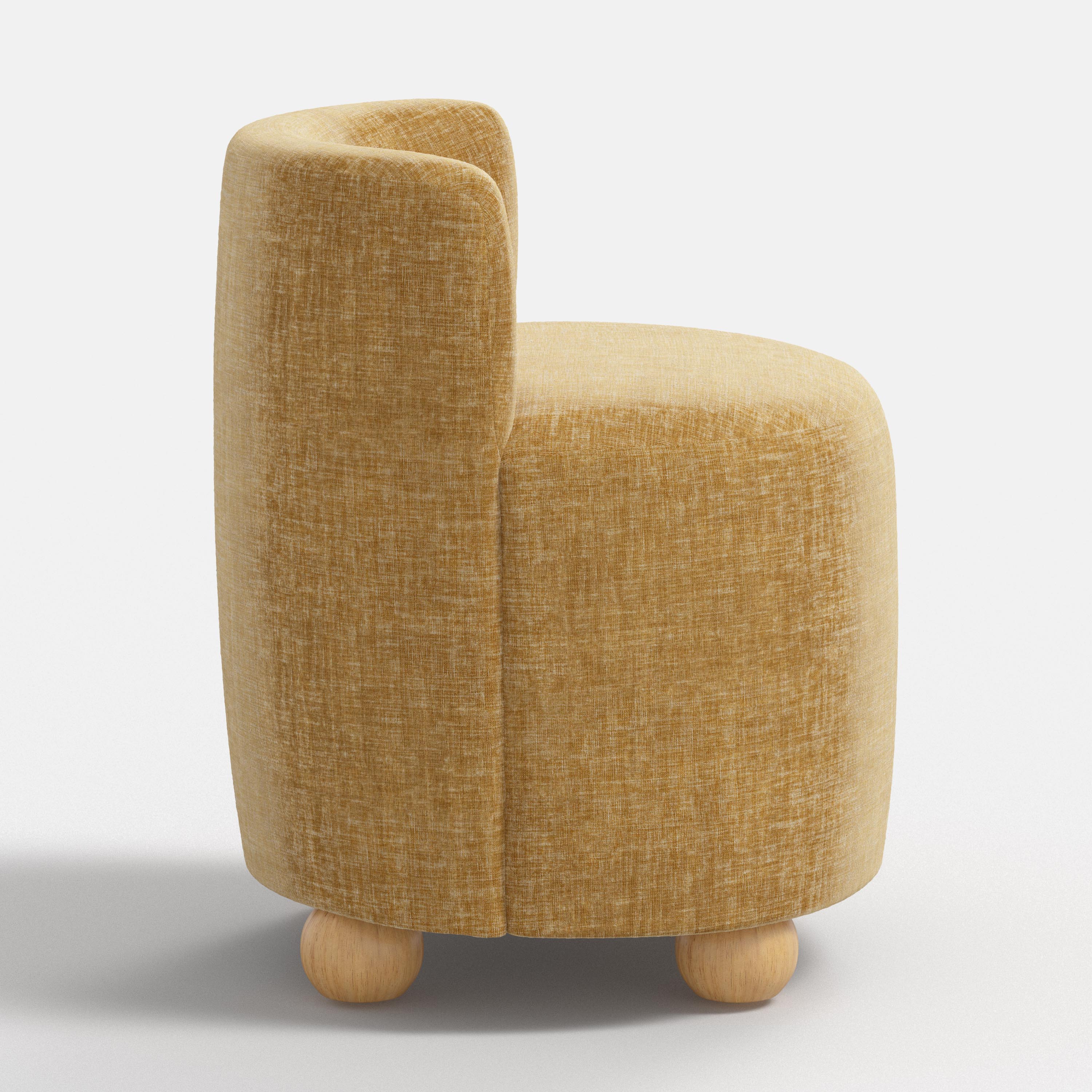 Round mustard-colored seat with wooden legs on a white background
