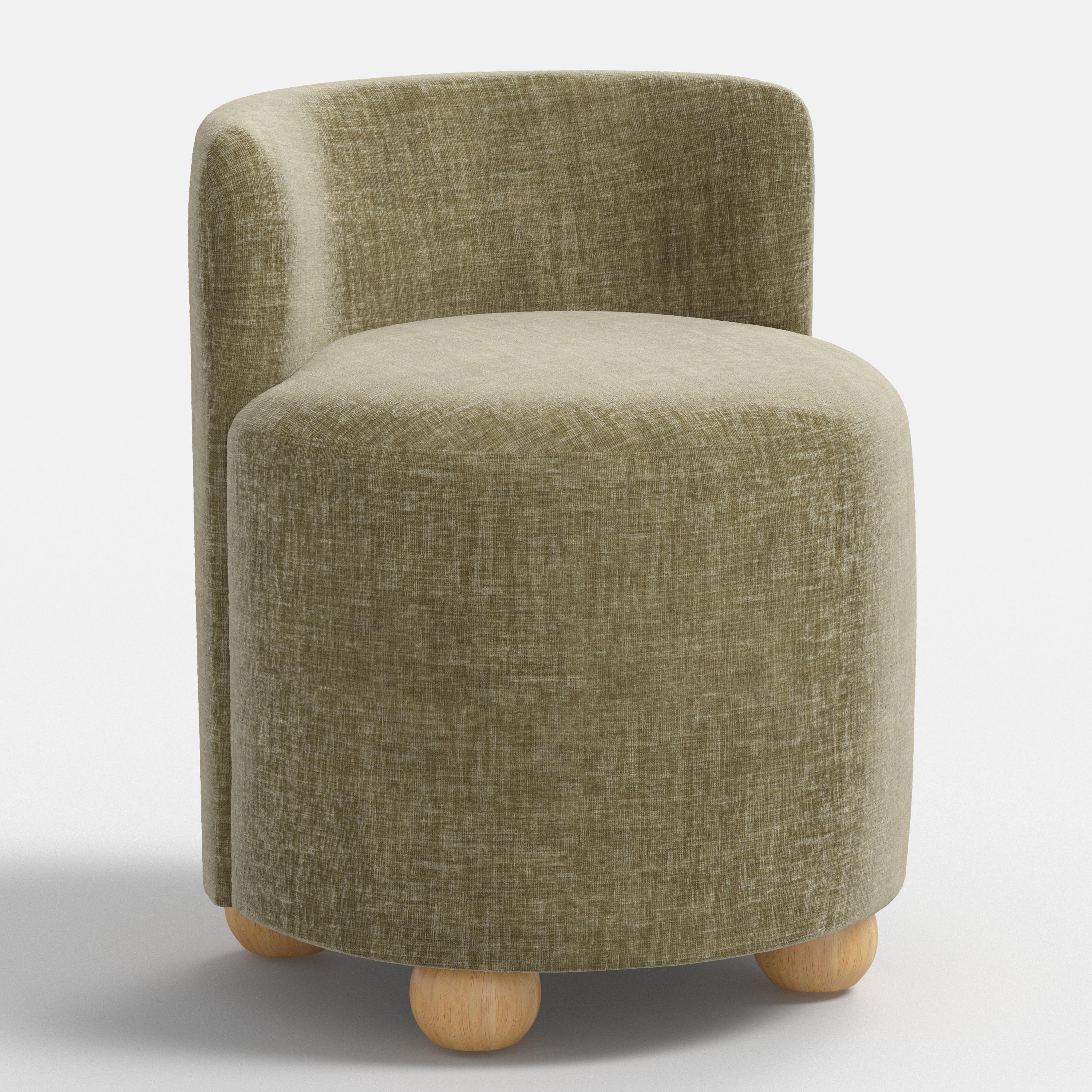 Round seat with textured green fabric and wooden legs on a white background