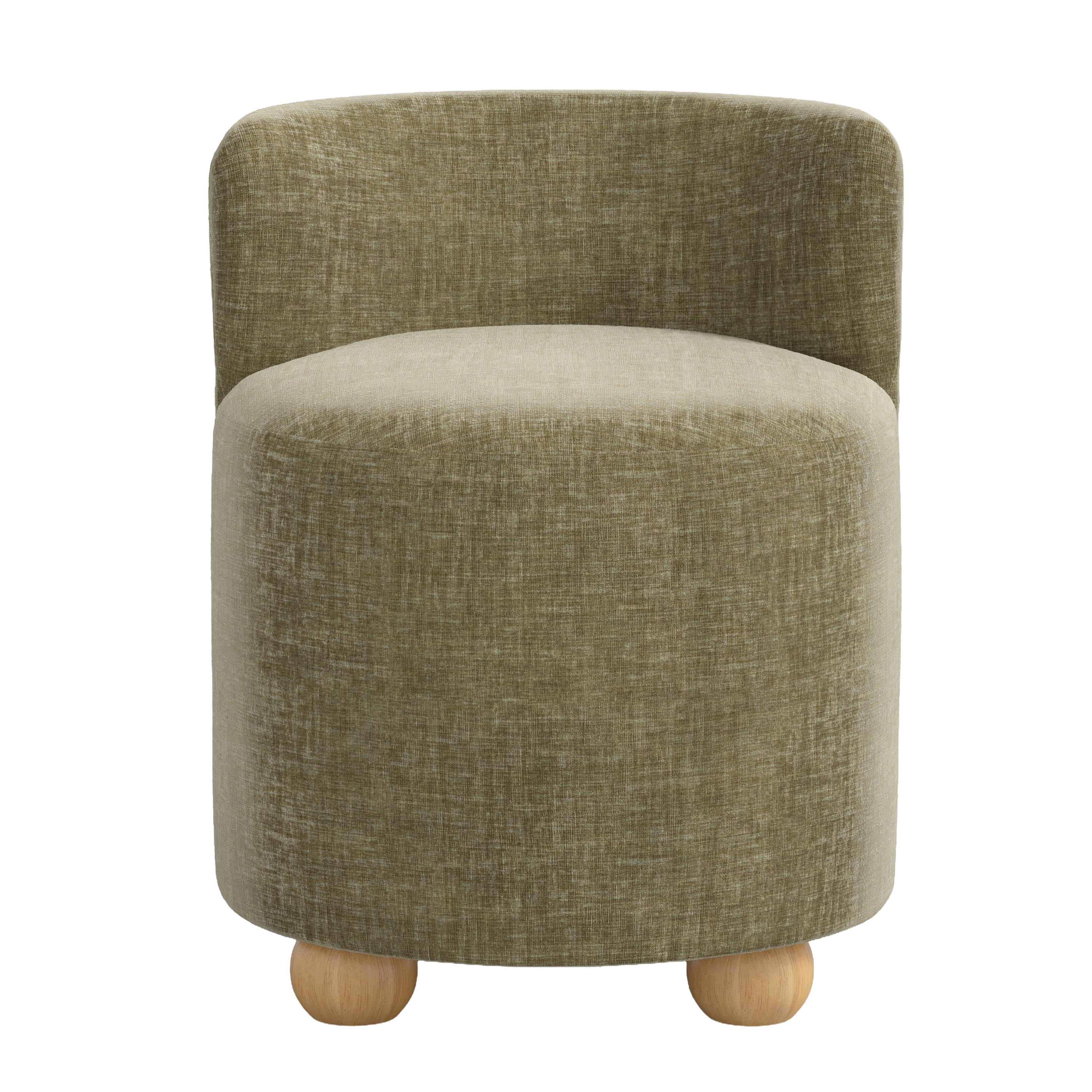 Round seat with textured green fabric and wooden legs on a white background