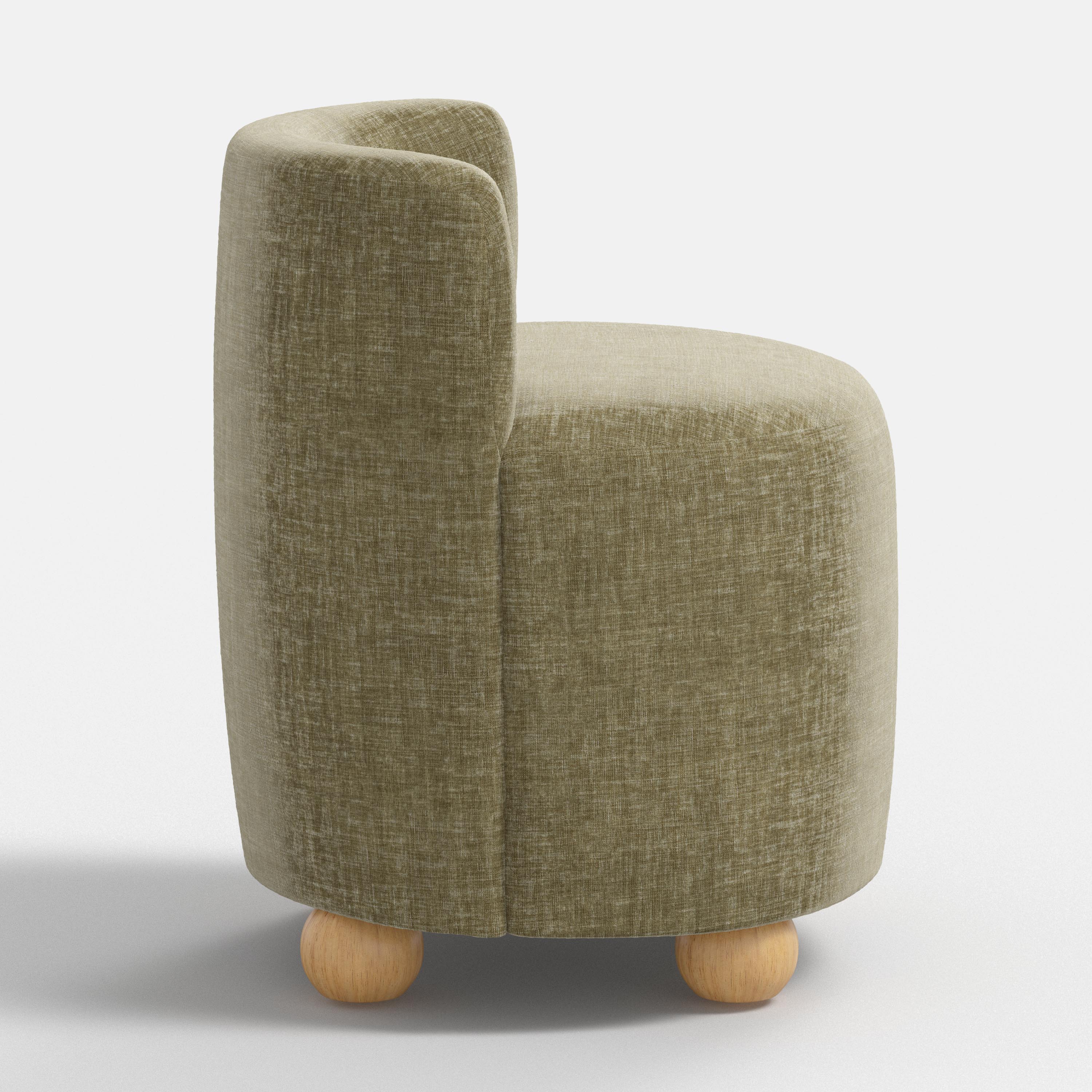 Round seat with textured green fabric and wooden legs on a white background