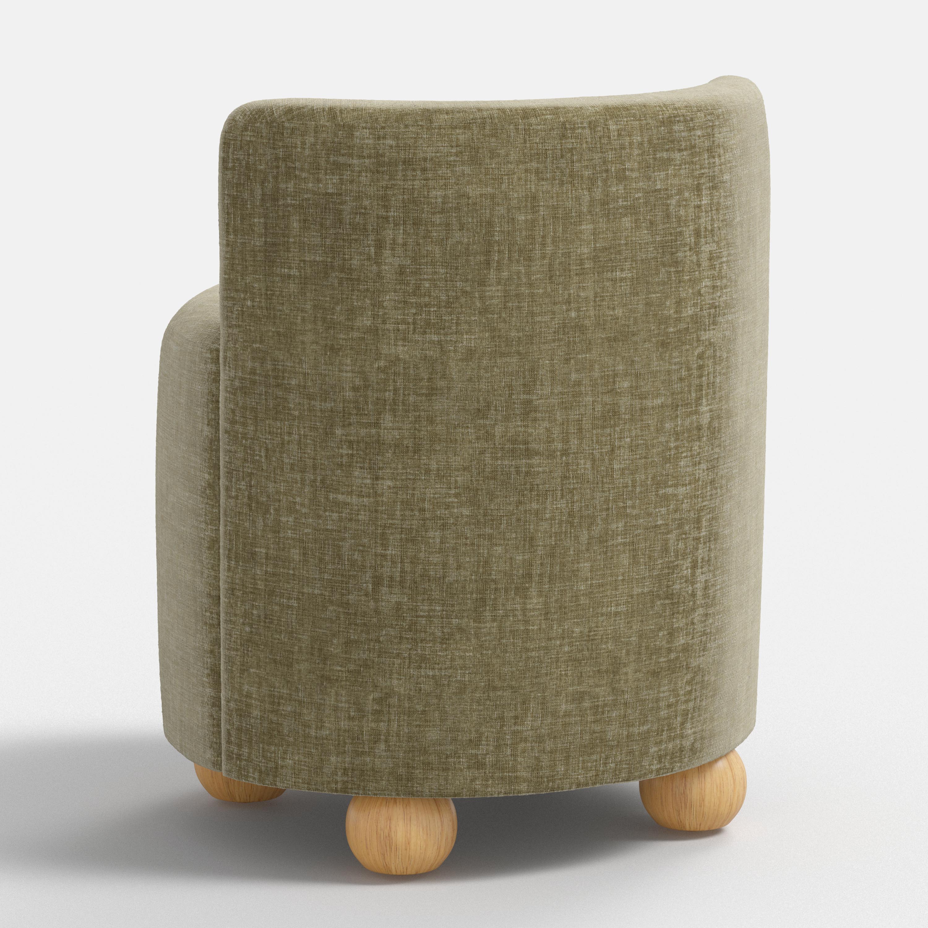 Round seat with textured green fabric and wooden legs on a white background