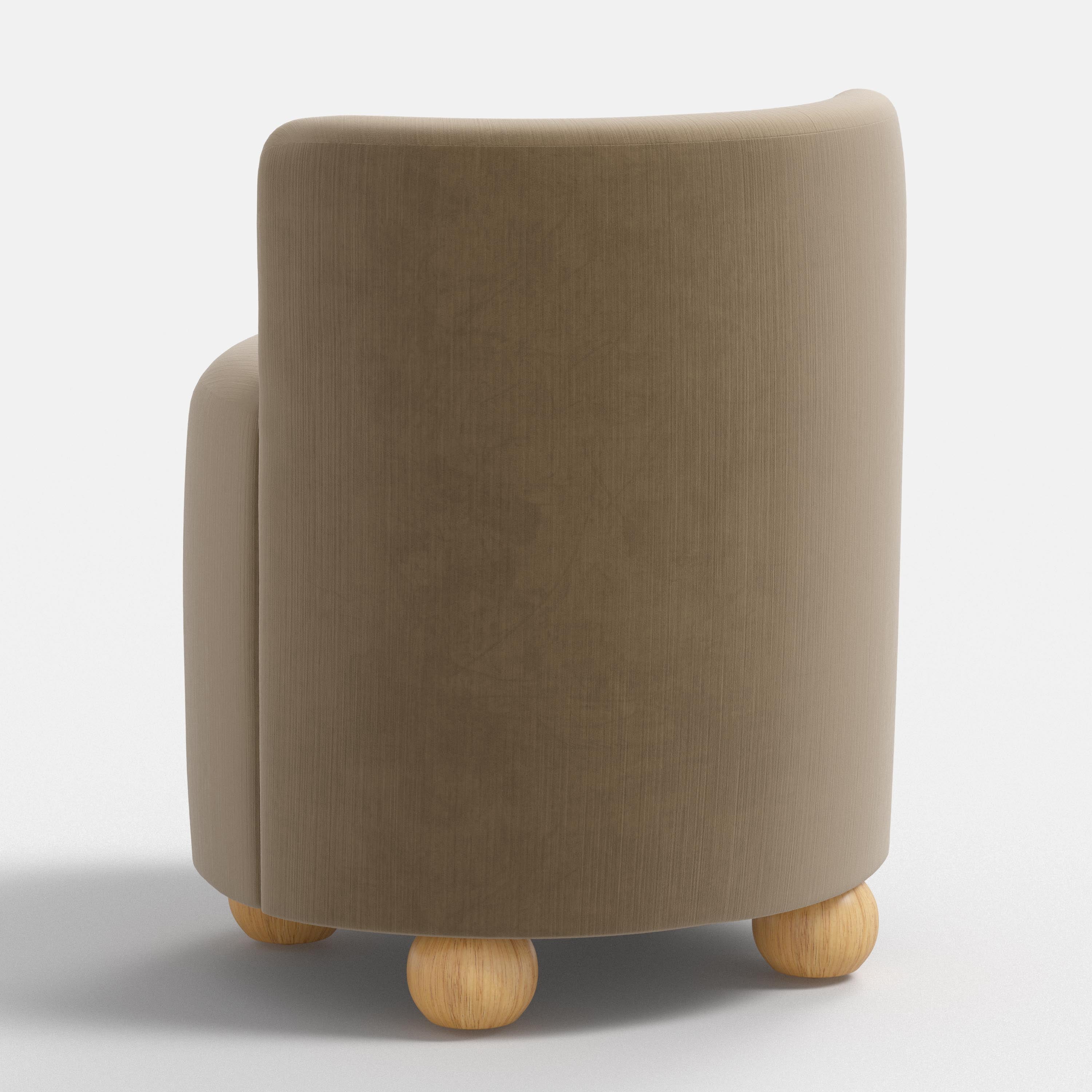 Round brown upholstered chair with wooden legs on a white background