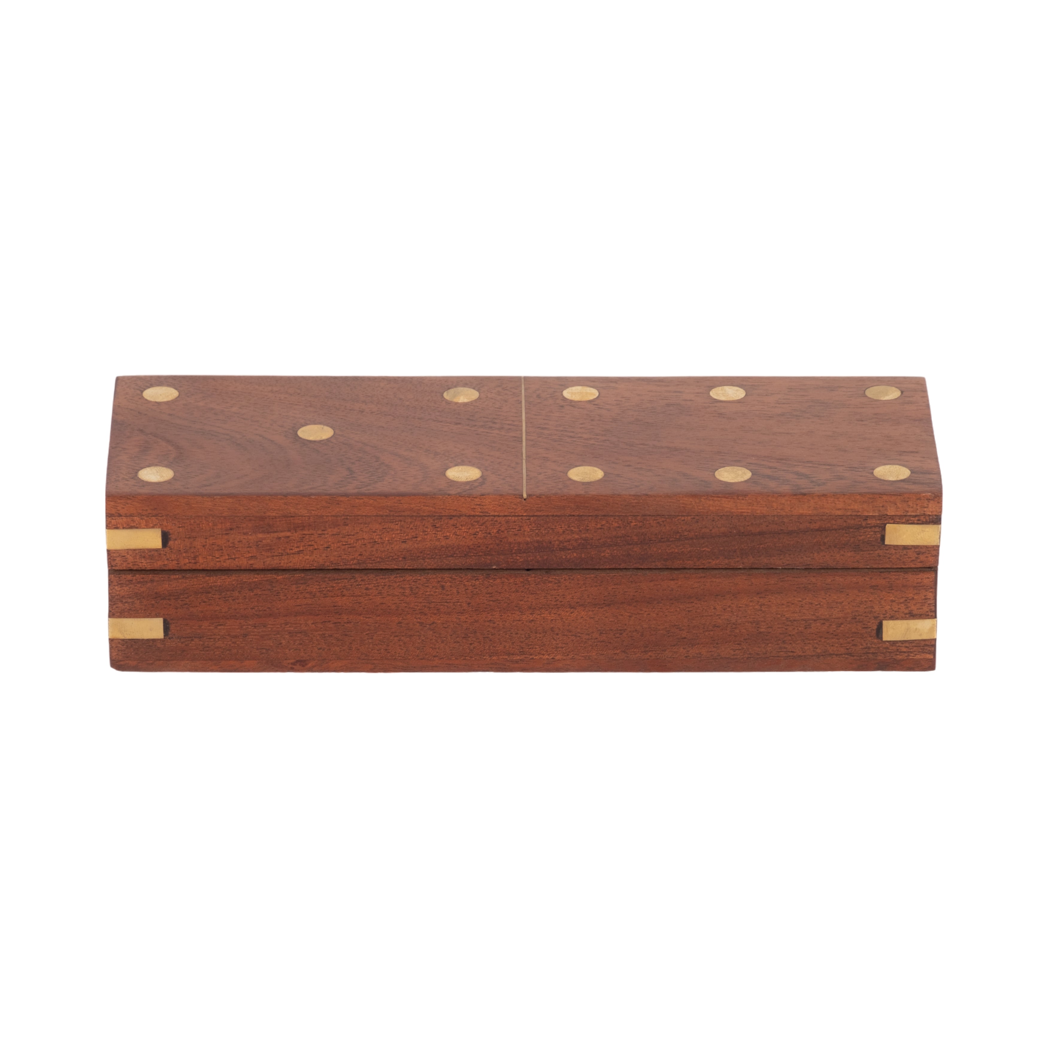 Wooden dominoes box with gold accents on a white background