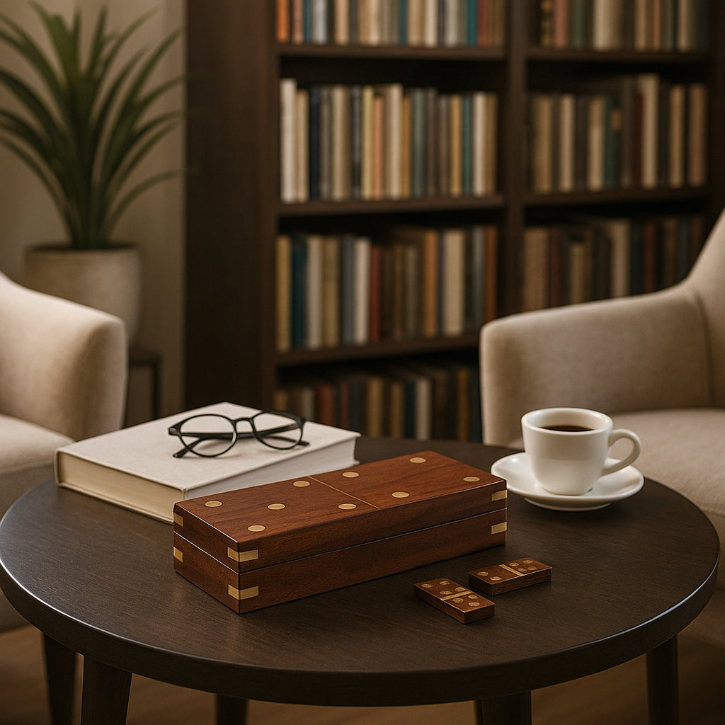 Wooden dominoes box, book, glasses, and cup on a table with a blurred bookshelf in the background
