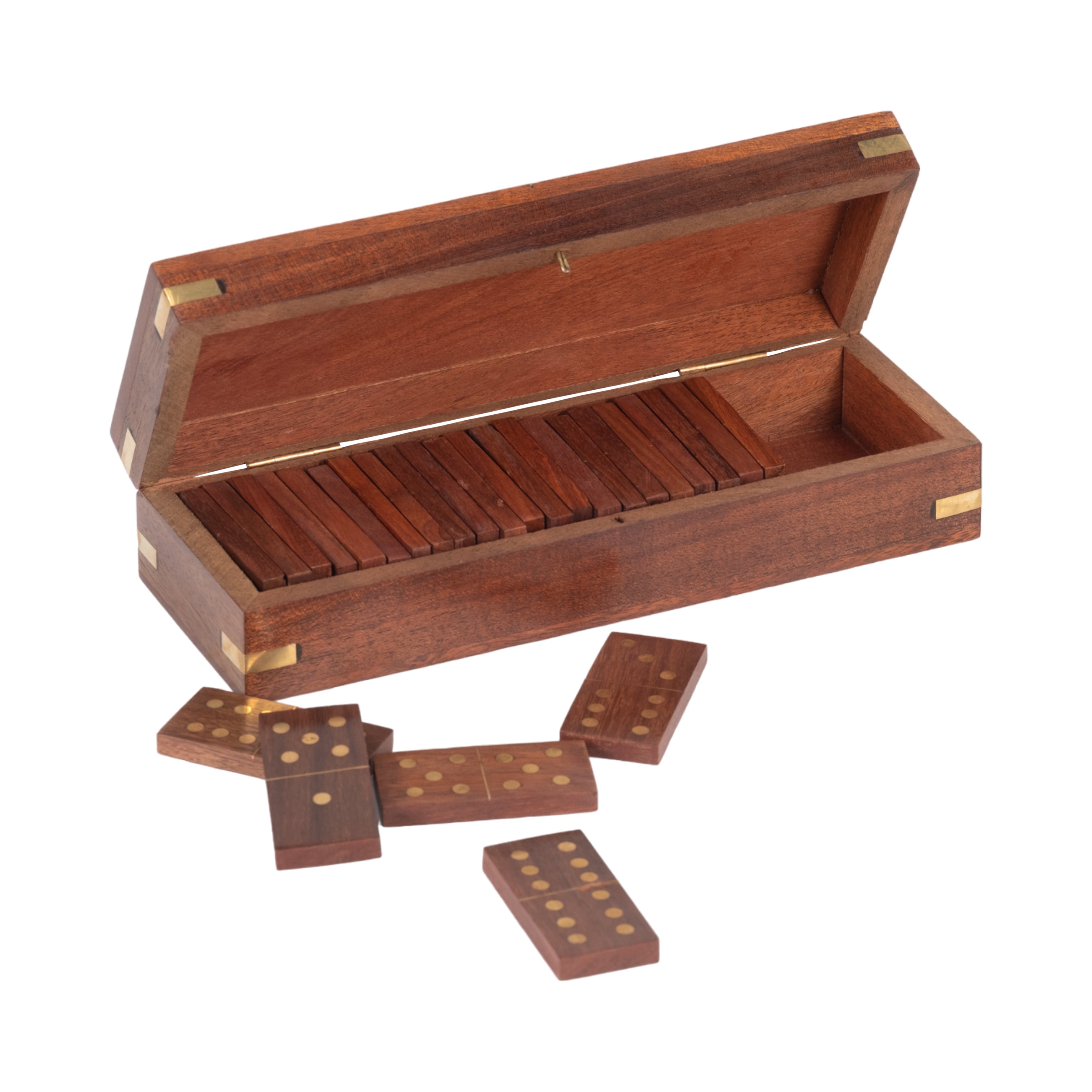 Wooden domino set with an open box on a white background