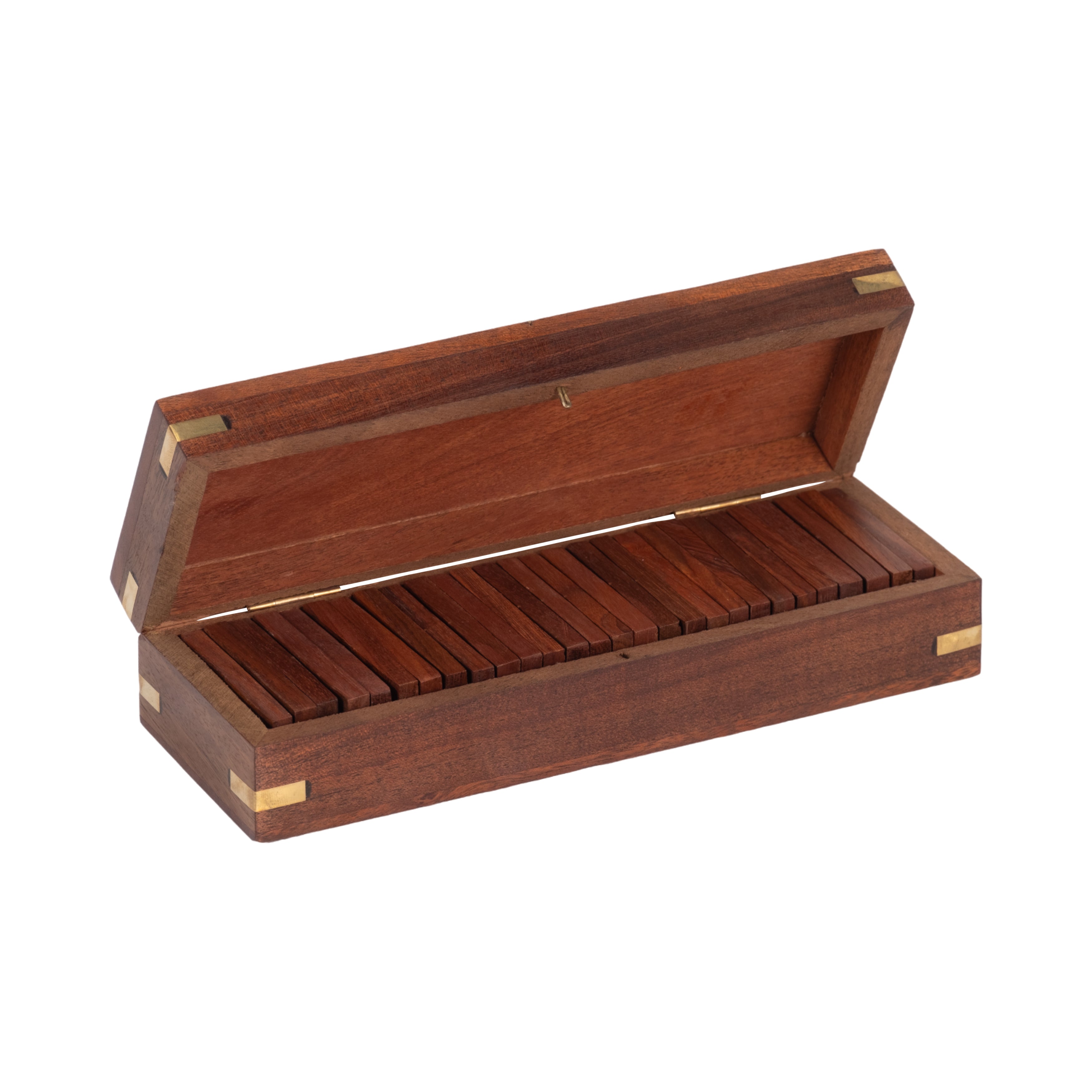 Wooden jewelry box with gold accents on a white background