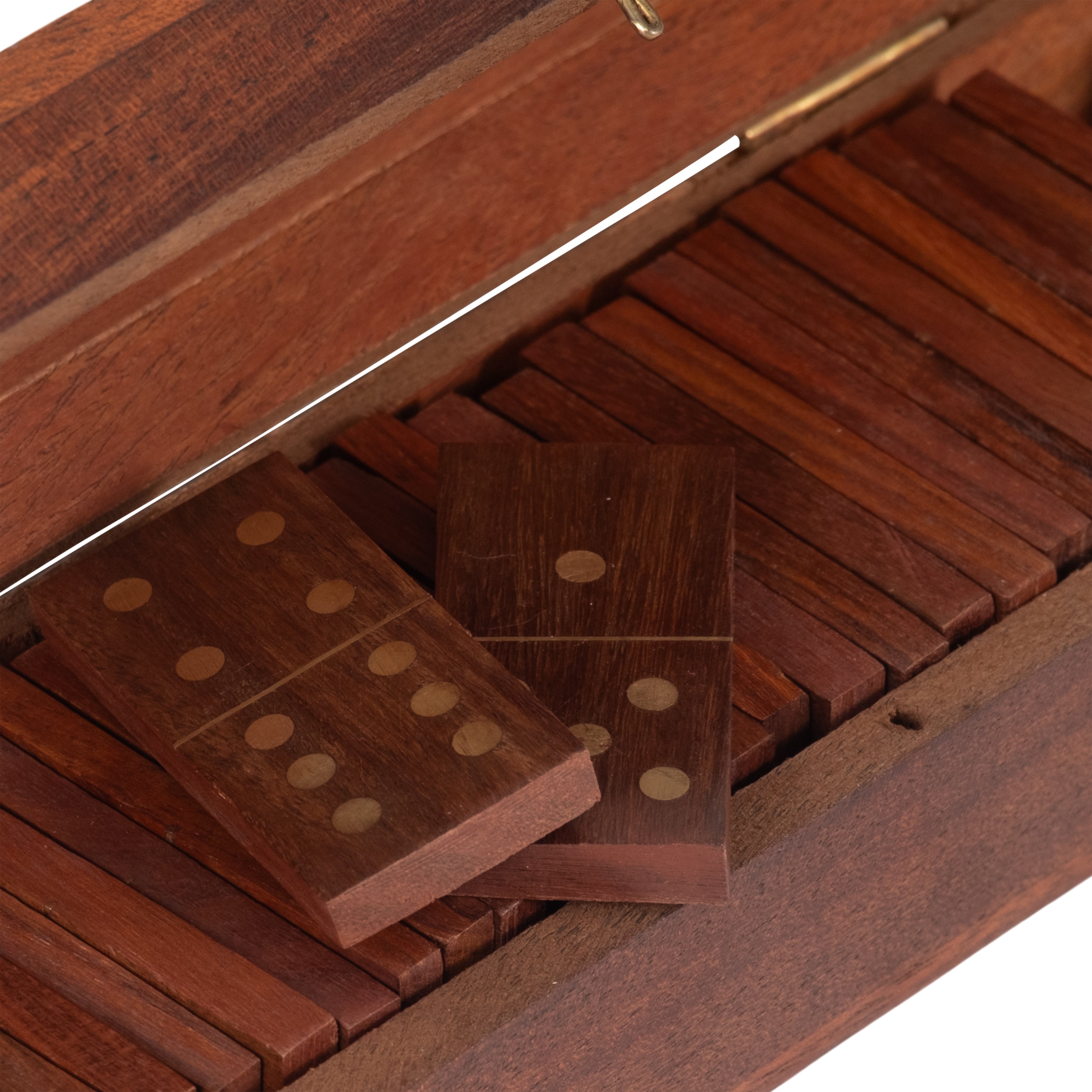 Wooden dominoes set with a hinged lid on a white background