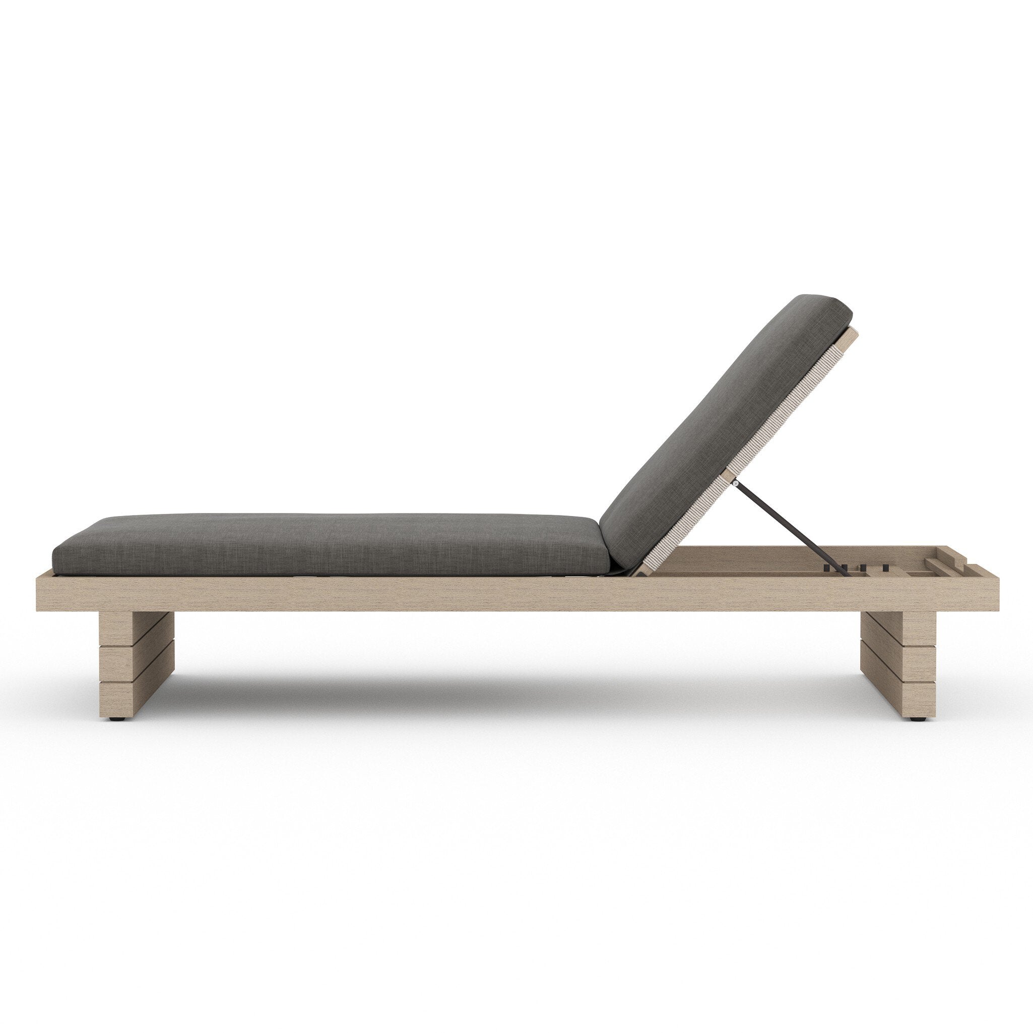 Wooden sun lounger with a gray cushion on a white background