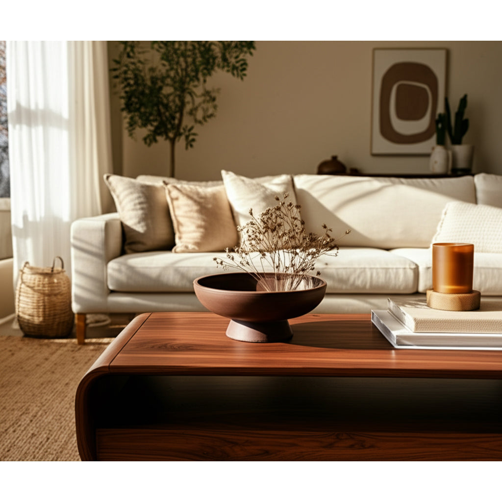 Living room with a white sofa, wooden coffee table, and decorative items.