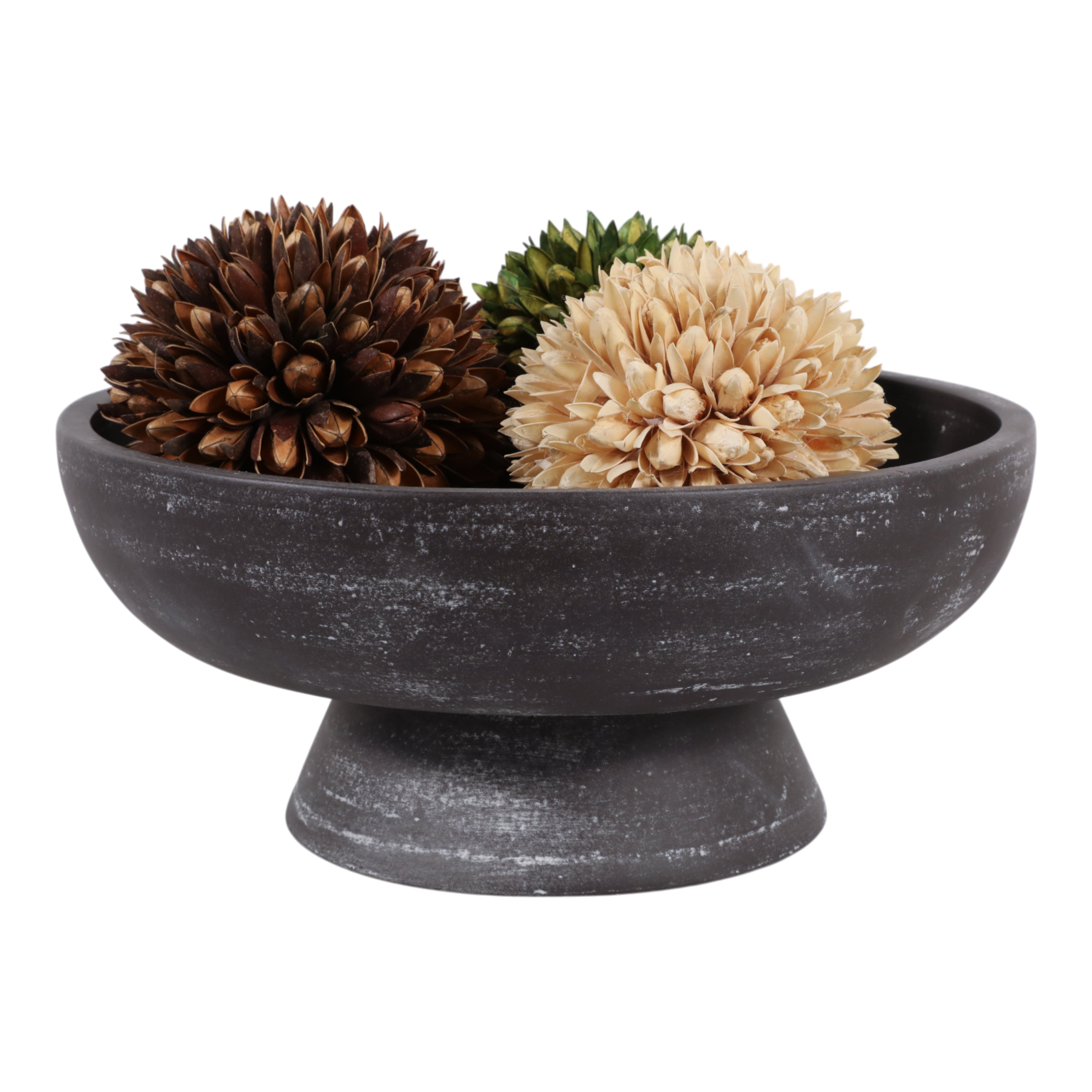 Decorative bowl with pinecones and flowers on a white background