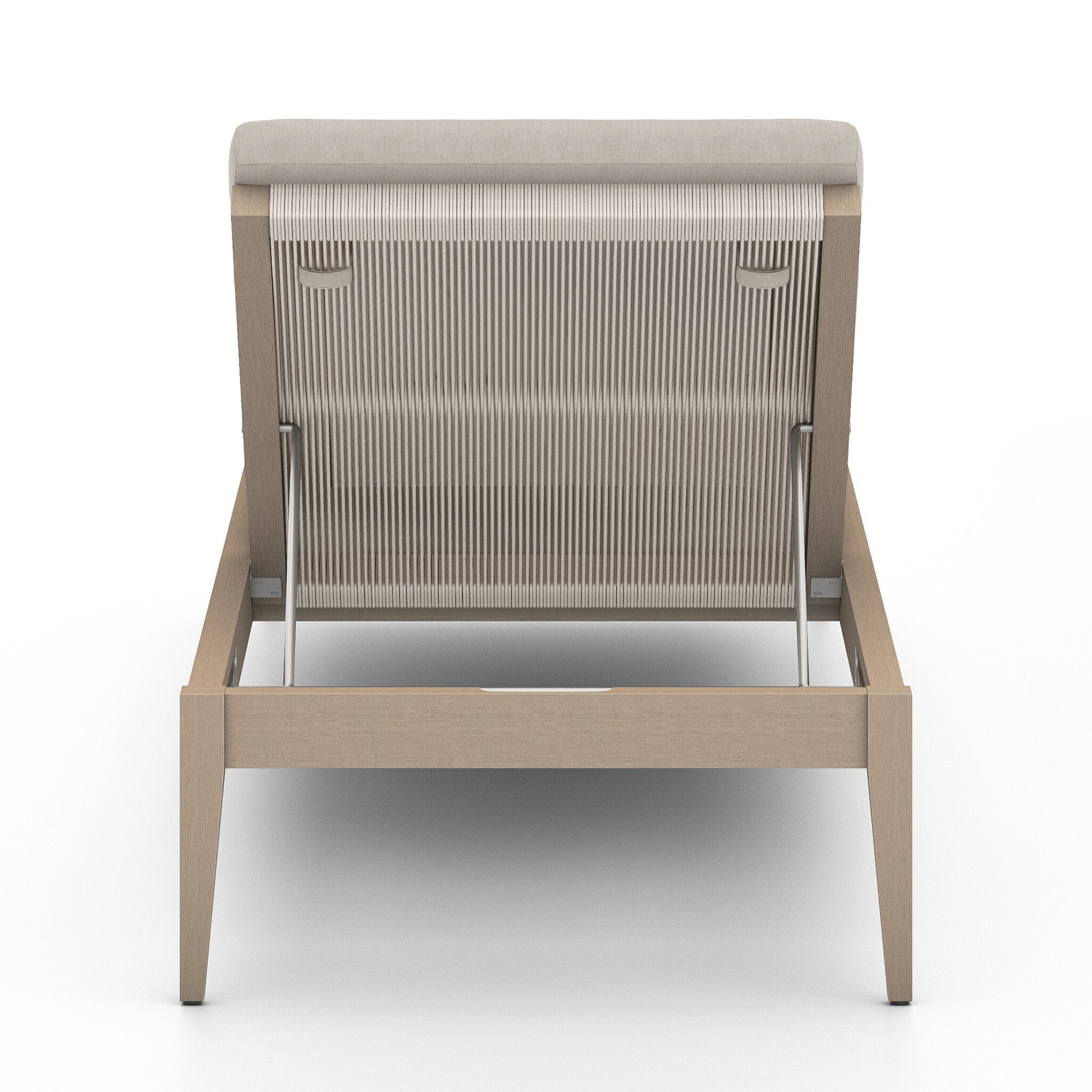 Beige outdoor lounge chair with woven backrest on a white background